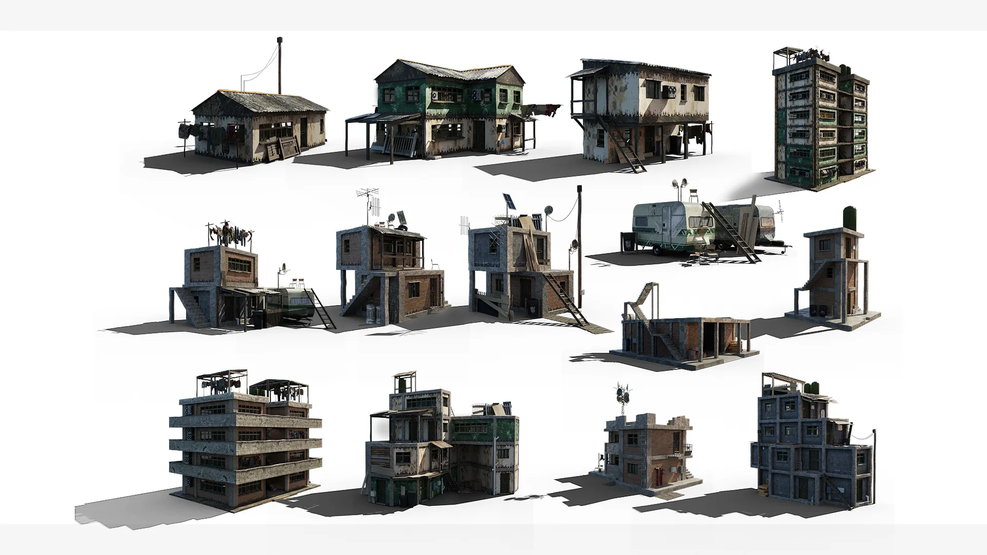 Favela Inspired Old Post Apocalyptic 3d Buildings Assets