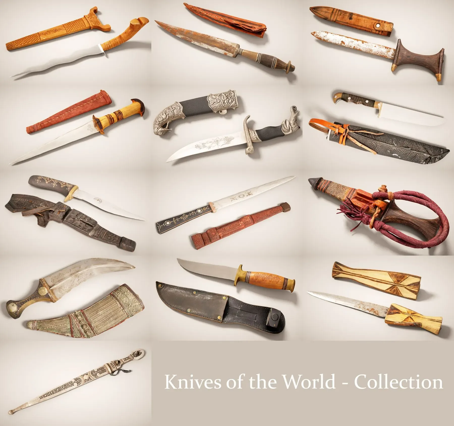 13 High-Quality 3D Scanned Knife Collection - OBJ Format with 2K Textures for Games, 3D Printing, Arch Viz, and Virtual Reality