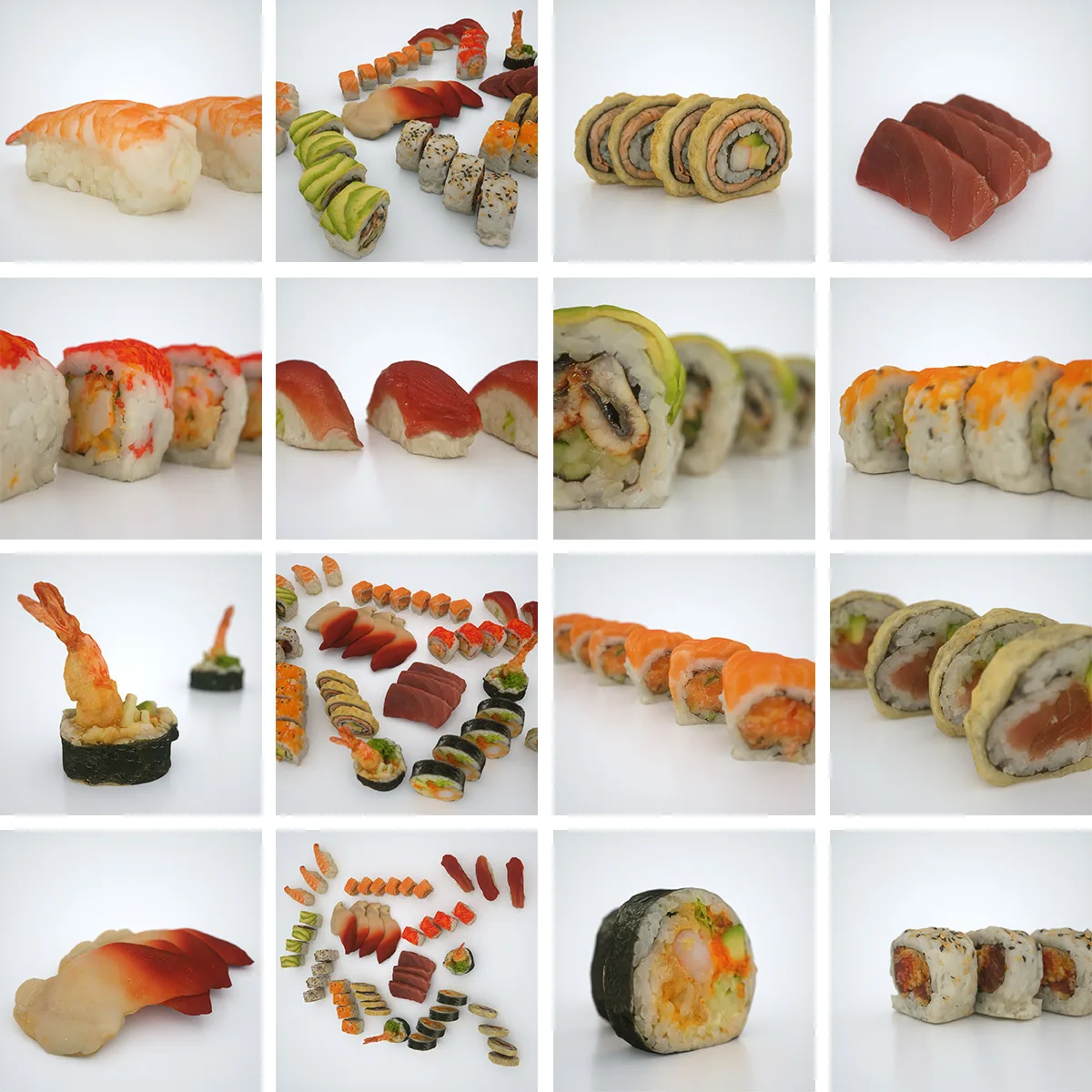 13-Piece 3D Scanned Sushi Collection: Lifelike OBJ Models with 4K Texture Map, Featuring California Rolls, Tuna Nigiri, Salmon Sashimi, and More