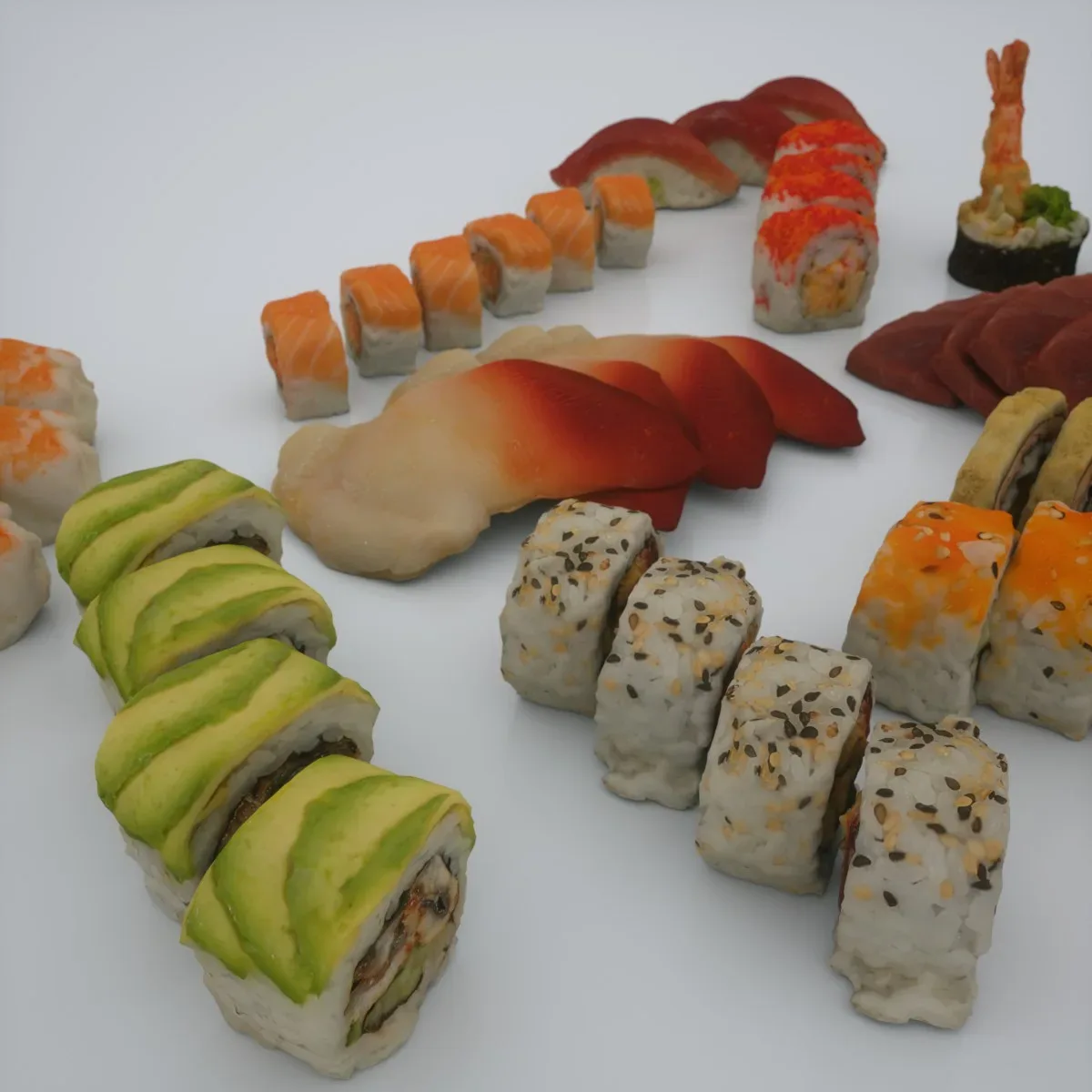 13-Piece 3D Scanned Sushi Collection: Lifelike OBJ Models with 4K Texture Map, Featuring California Rolls, Tuna Nigiri, Salmon Sashimi, and More