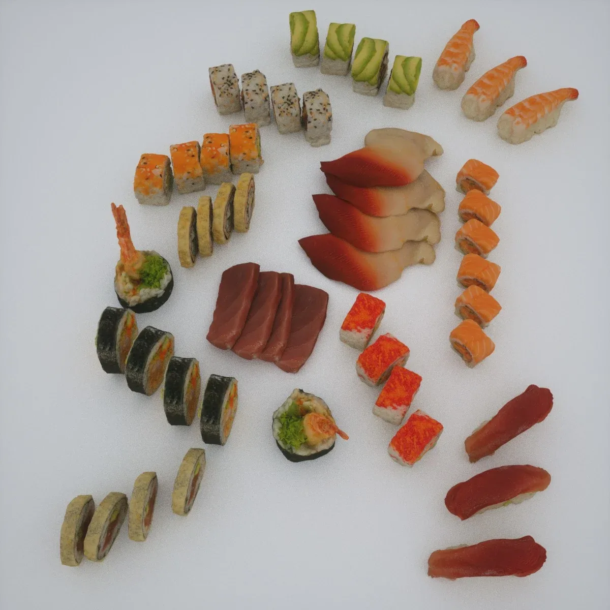 13-Piece 3D Scanned Sushi Collection: Lifelike OBJ Models with 4K Texture Map, Featuring California Rolls, Tuna Nigiri, Salmon Sashimi, and More