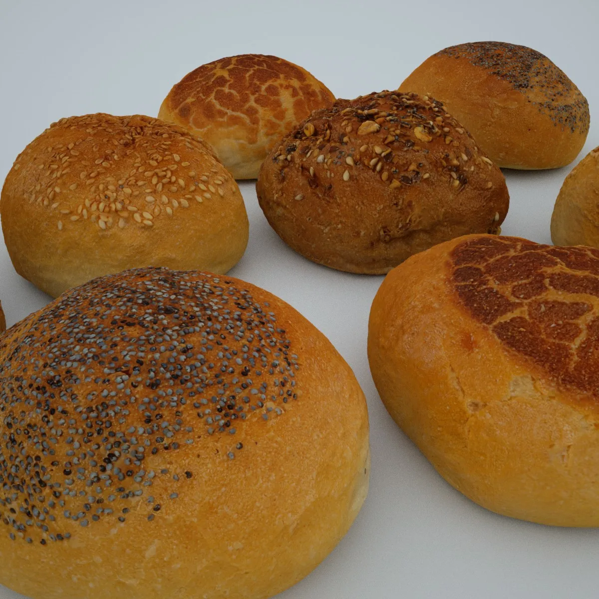 Set of 4 3D Scanned Bread Rolls: High-Quality OBJ Models with 4096px Textures, Including Sesame and Seed Toppings