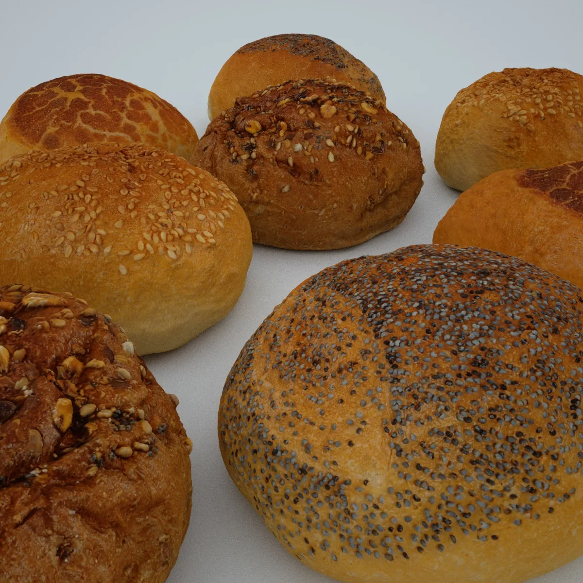 Set of 4 3D Scanned Bread Rolls: High-Quality OBJ Models with 4096px Textures, Including Sesame and Seed Toppings