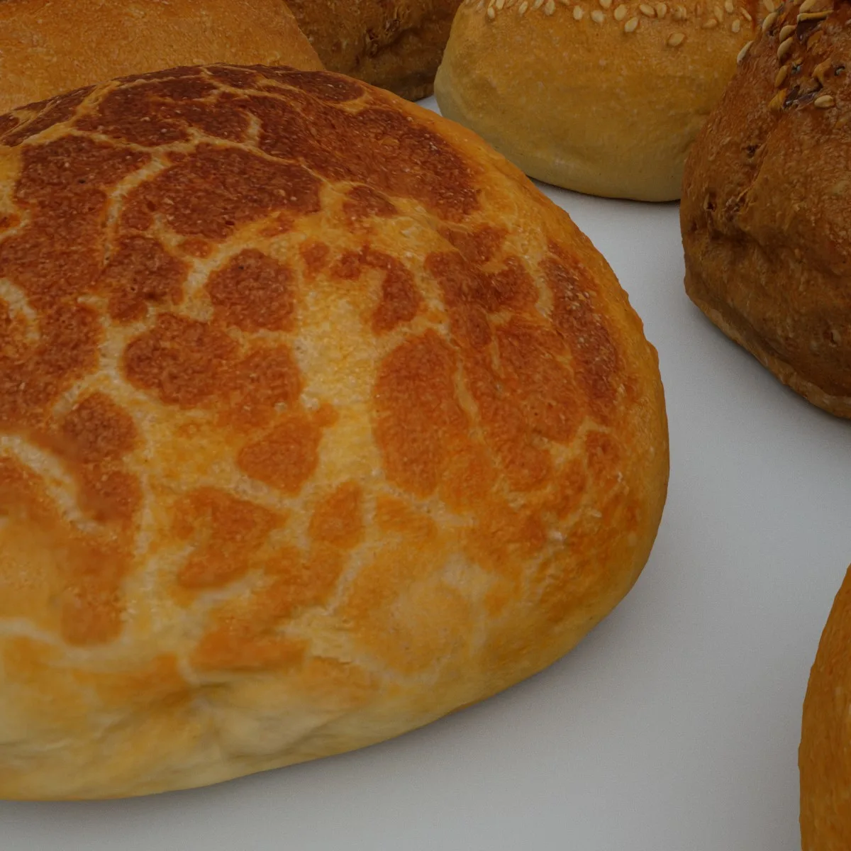 Set of 4 3D Scanned Bread Rolls: High-Quality OBJ Models with 4096px Textures, Including Sesame and Seed Toppings