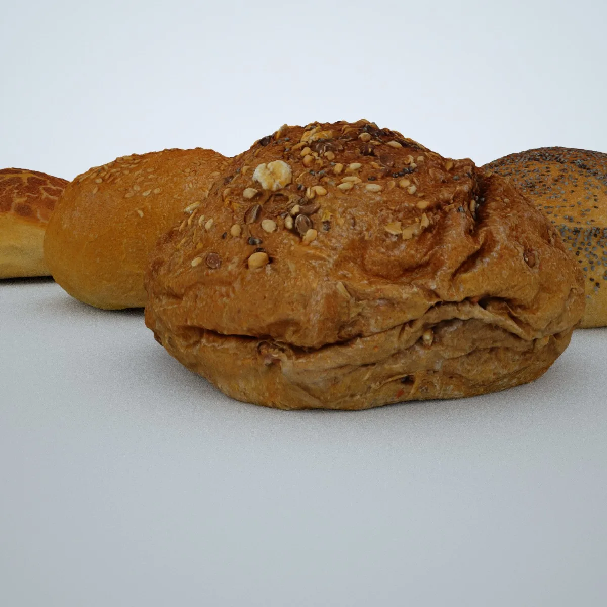 Set of 4 3D Scanned Bread Rolls: High-Quality OBJ Models with 4096px Textures, Including Sesame and Seed Toppings