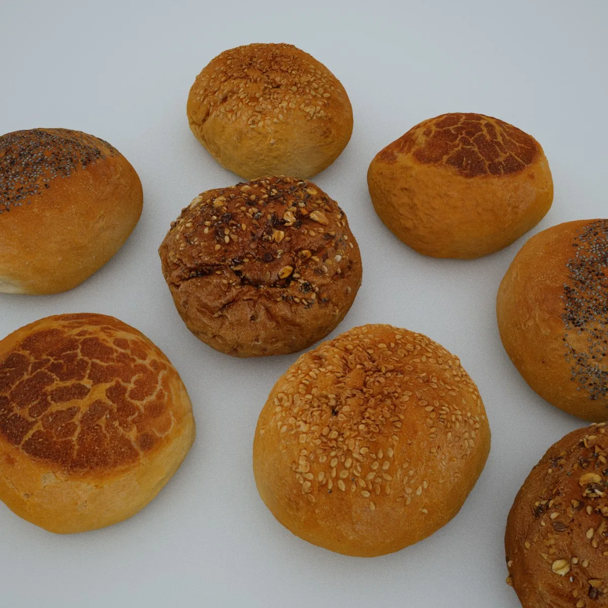 Set of 4 3D Scanned Bread Rolls: High-Quality OBJ Models with 4096px Textures, Including Sesame and Seed Toppings