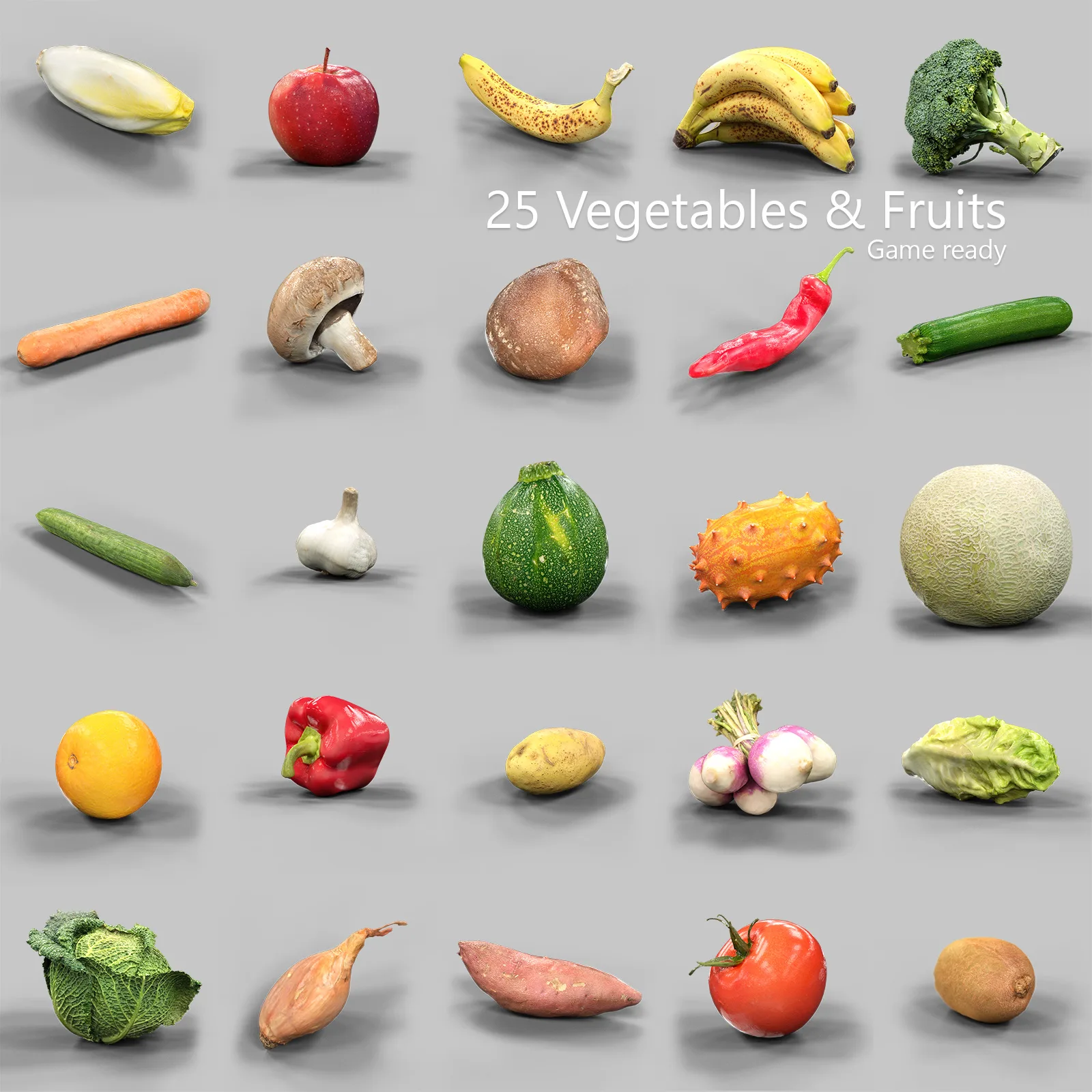 Realistic 3D Scanned Model Collection of 25 Fruits and Vegetables with OBJ Format and 2k JPG Textures