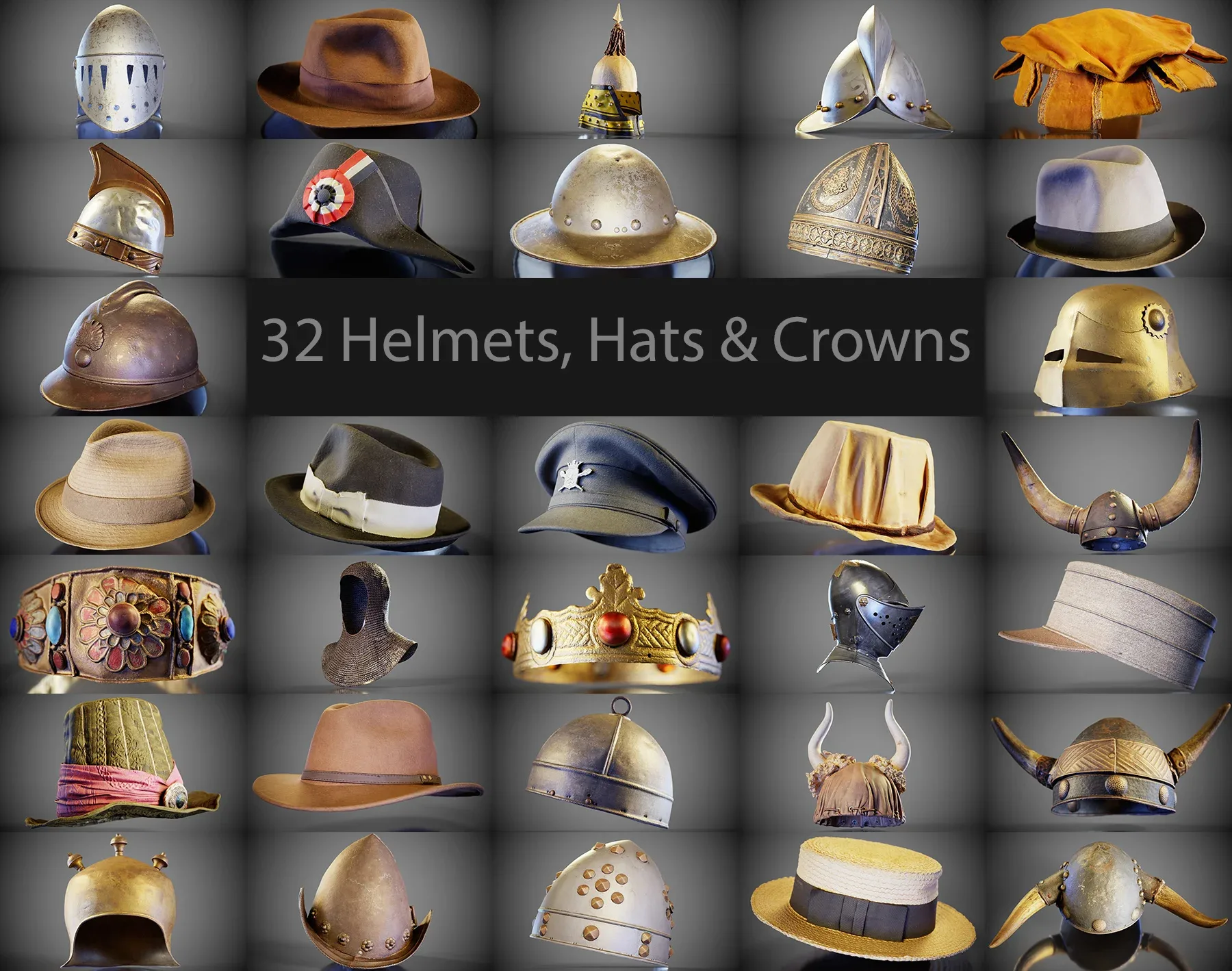 32 Amazing and Photorealistic 3D Scanned Headwear Collection Hats Helmets and Crowns