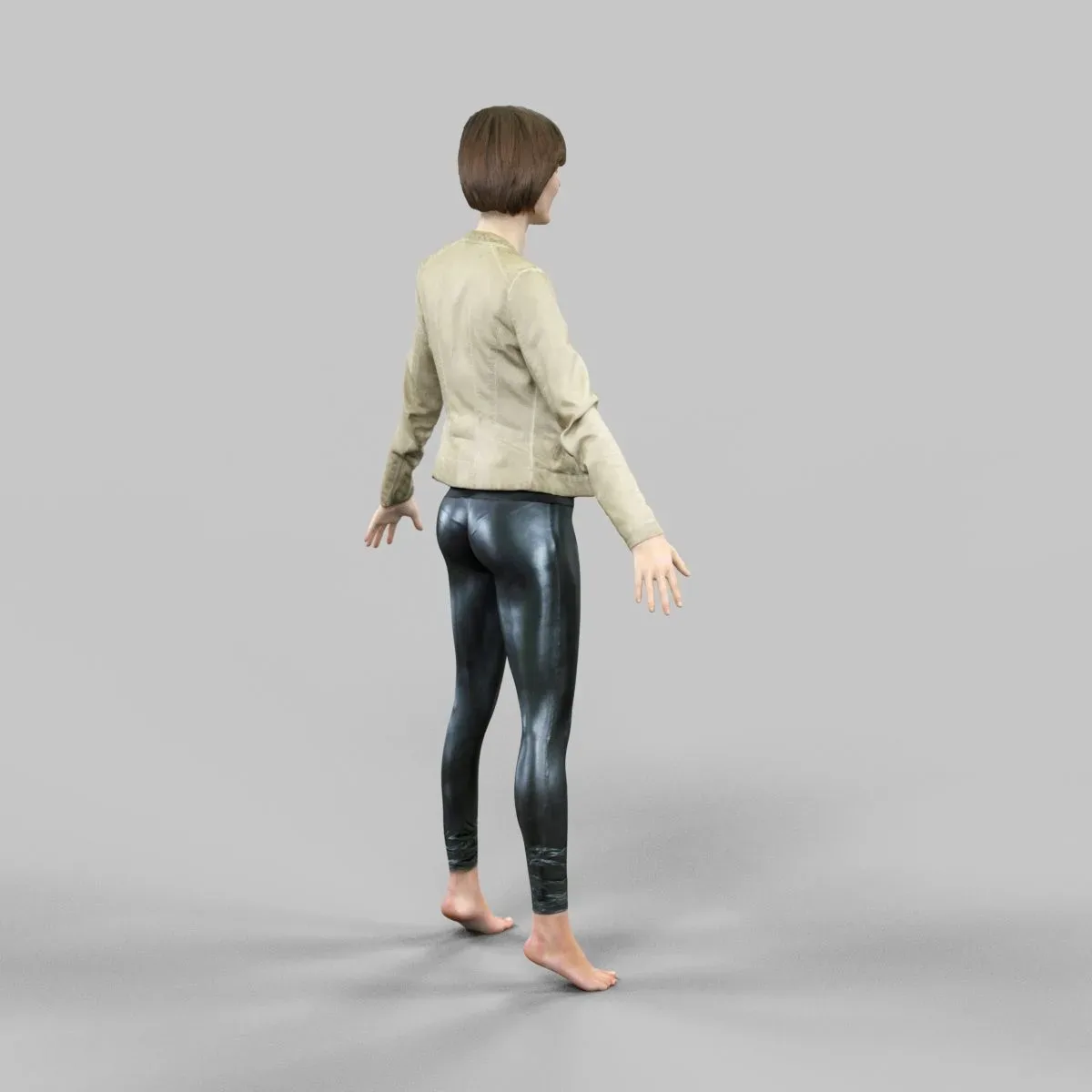 Girl in Shiny Black Leggings and Leather jacket A Pose