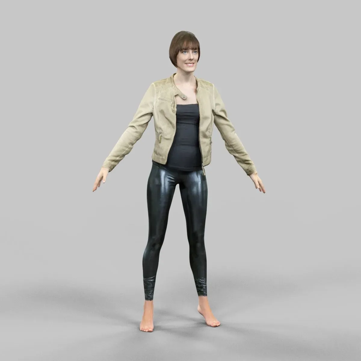 Girl in Shiny Black Leggings and Leather jacket A Pose