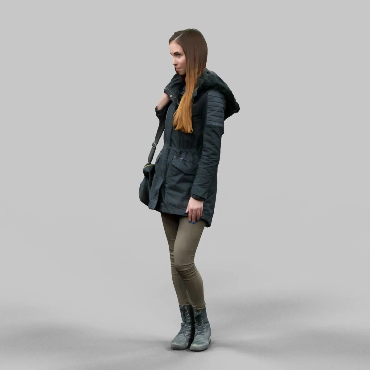 Girl in warm coat wearing bag