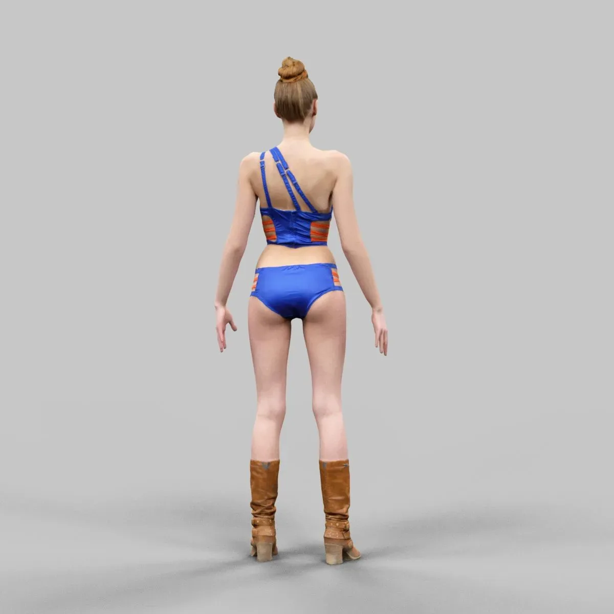 Sexy Woman in Blue and Orange Swimsuit Bikini Posing A-Pose