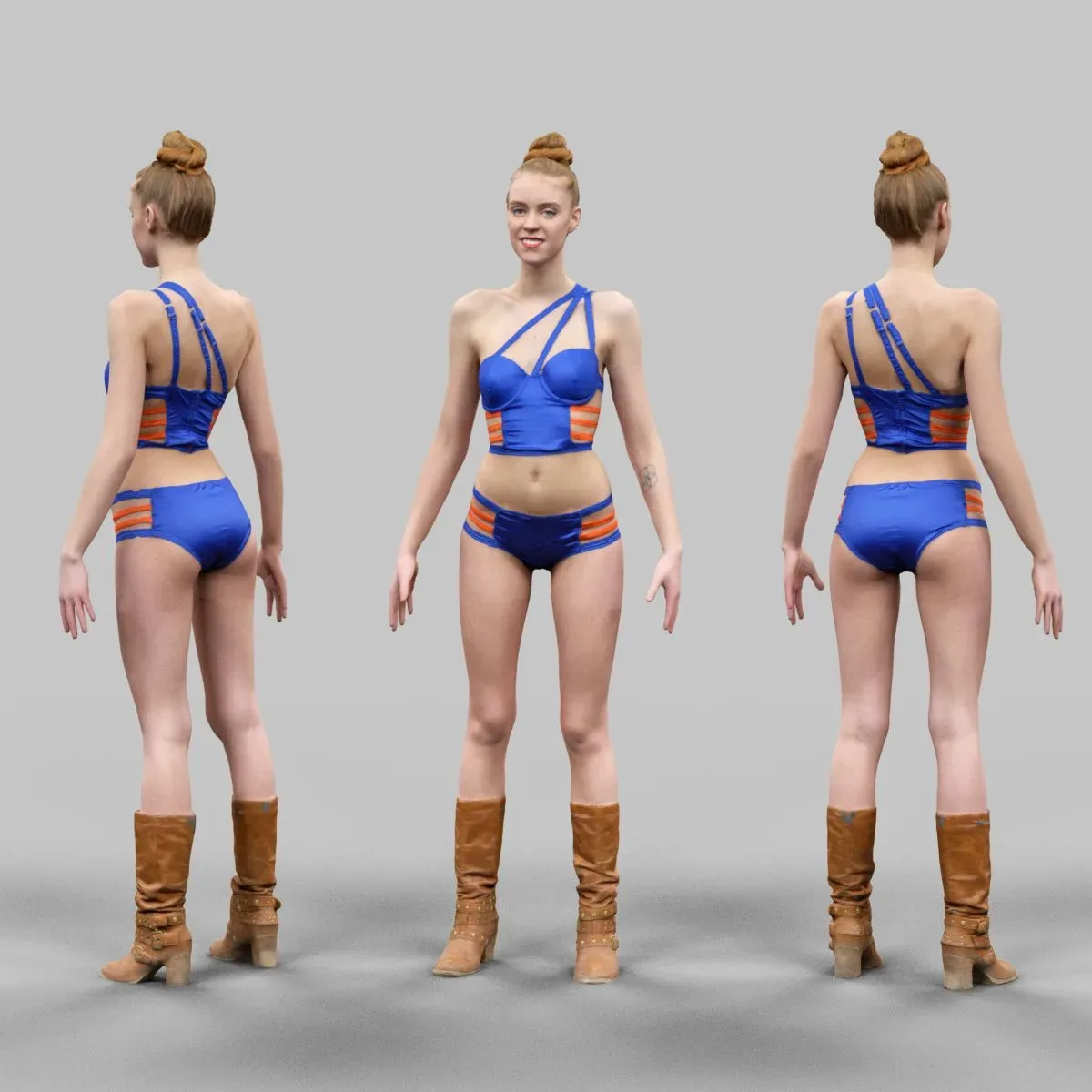 Sexy Woman in Blue and Orange Swimsuit Bikini Posing A-Pose