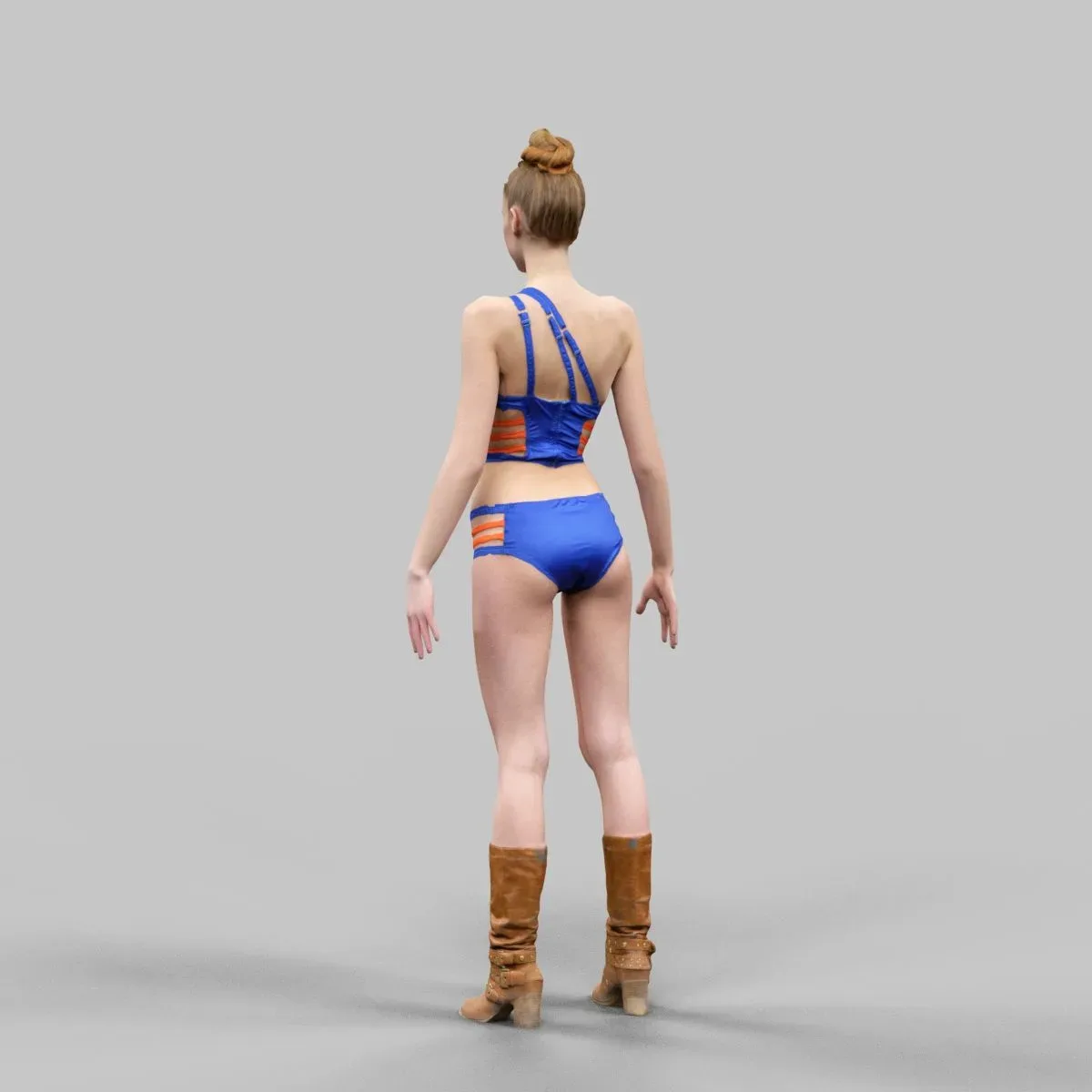 Sexy Woman in Blue and Orange Swimsuit Bikini Posing A-Pose