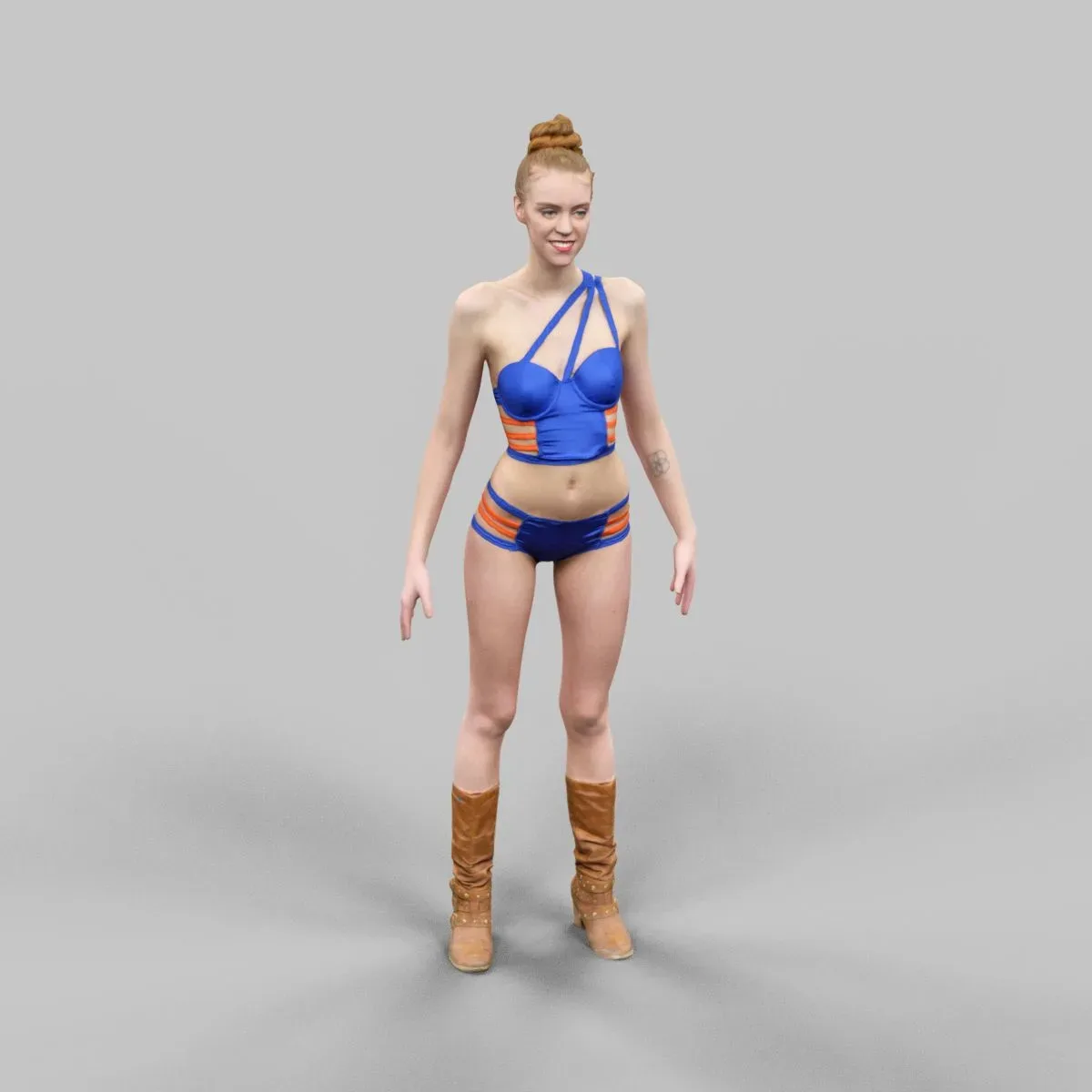 Sexy Woman in Blue and Orange Swimsuit Bikini Posing A-Pose