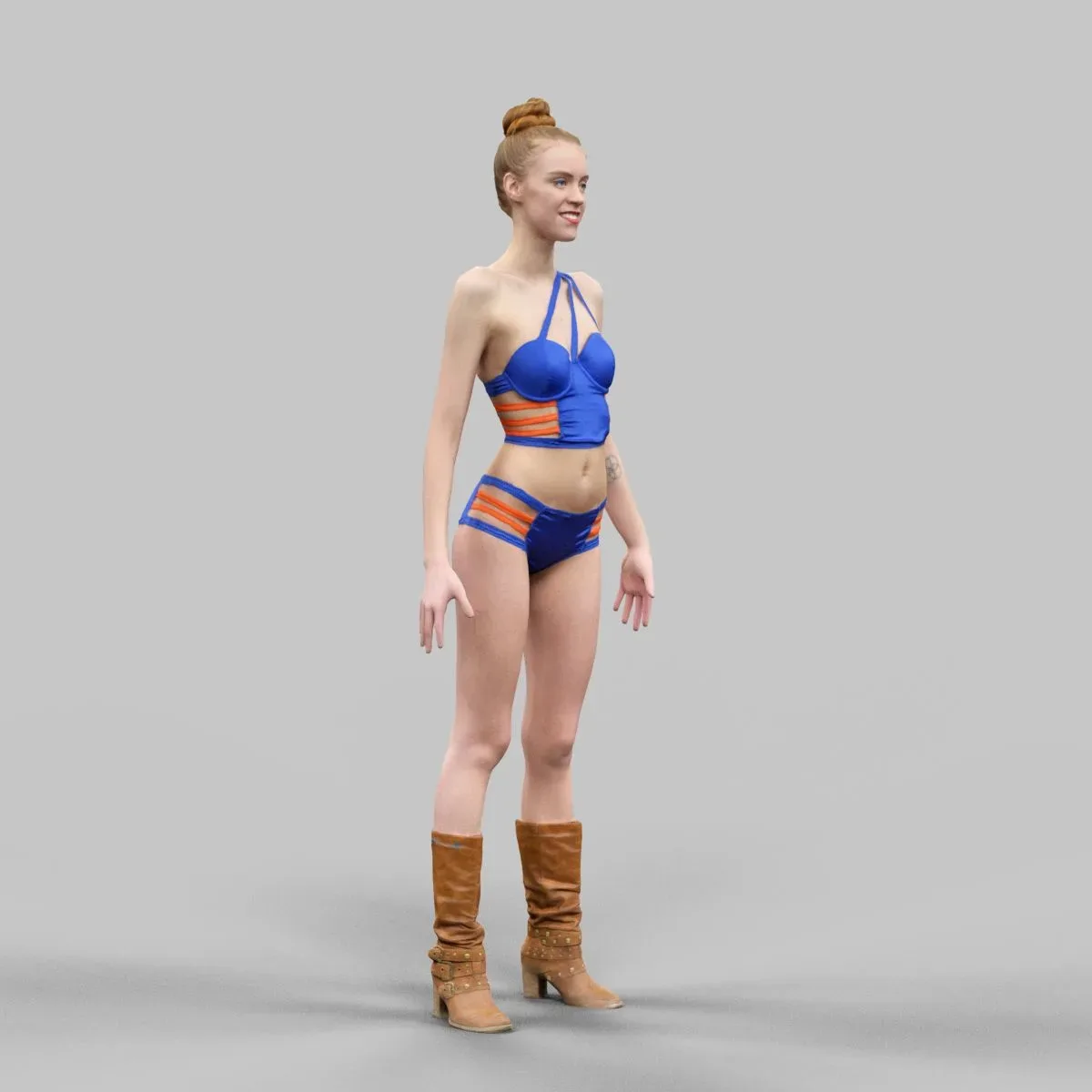 Sexy Woman in Blue and Orange Swimsuit Bikini Posing A-Pose
