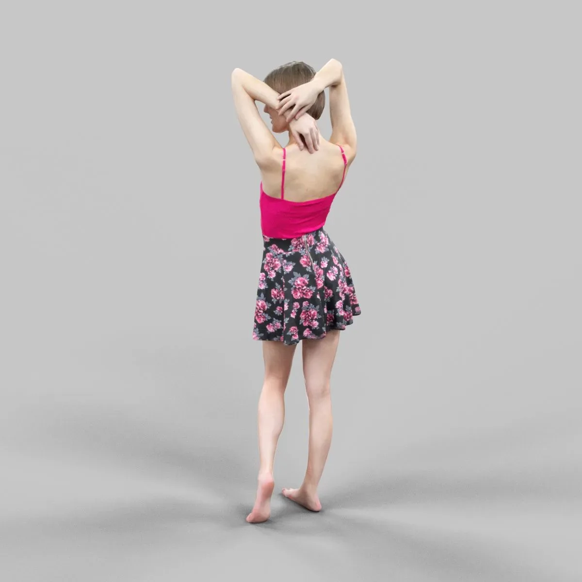 Woman in Pink top and Flower Skirt Posing Hands on Head