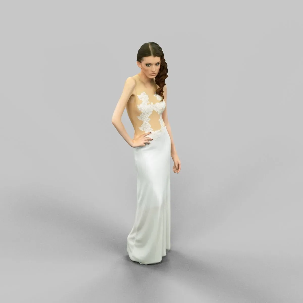Fashionable Woman Posing in Long White Dress