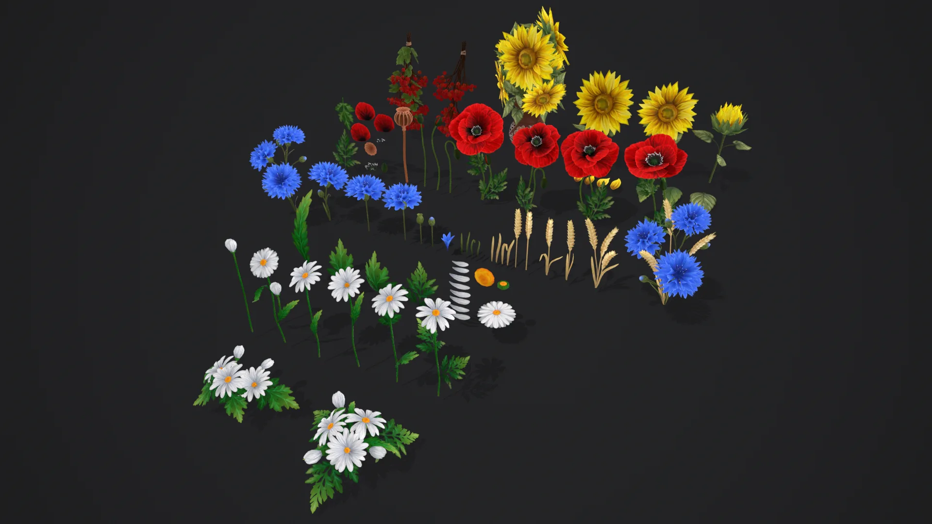 Pack Stylized handpainted wild flowers Low-poly 3D model