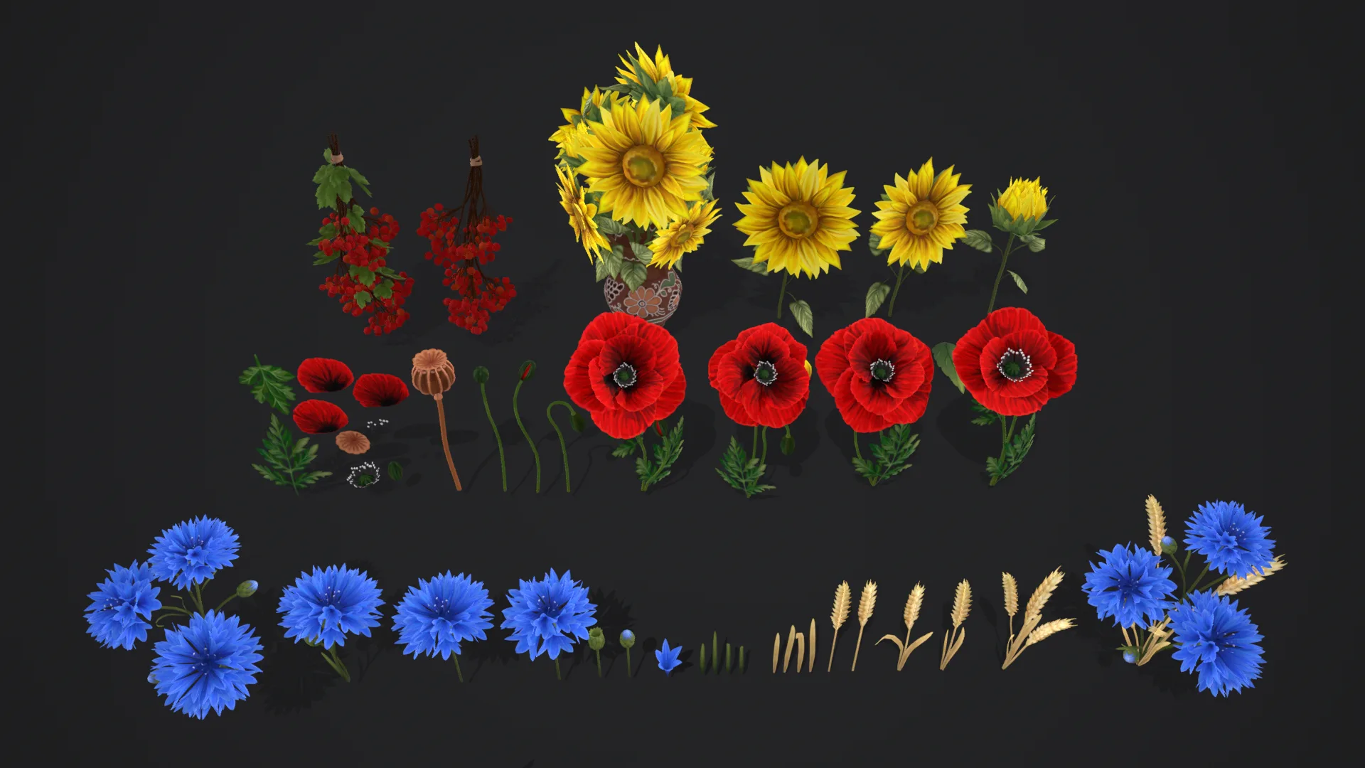 Pack Stylized handpainted wild flowers Low-poly 3D model