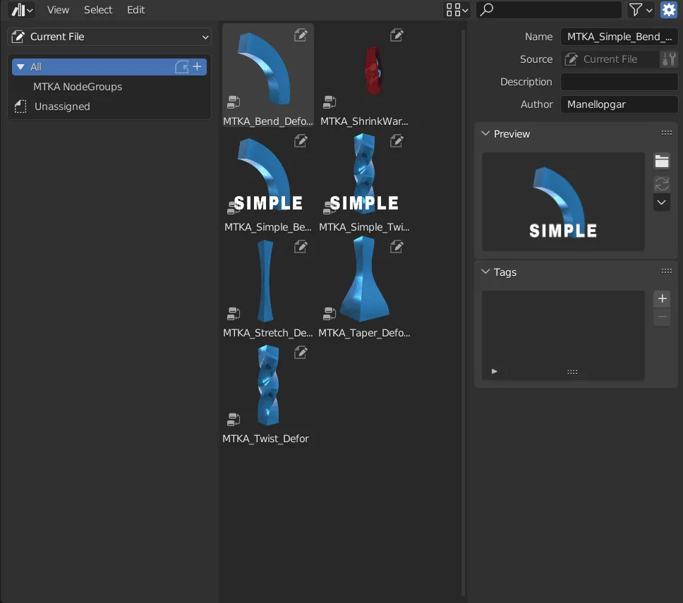 MTKA - Manellopgar Toolkit Advanced Deformers with Geometry Nodes [Bend, Twist, Taper, Stretch, ShrinkWarp]