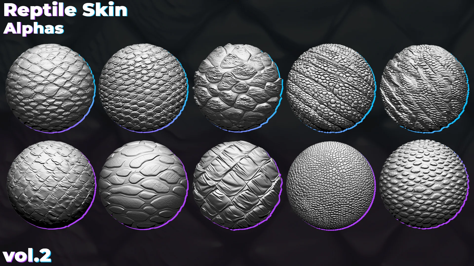 500+ Reptile, Dragon, Snake Skin Alphas for ZBrush (Displacement map) vol.2