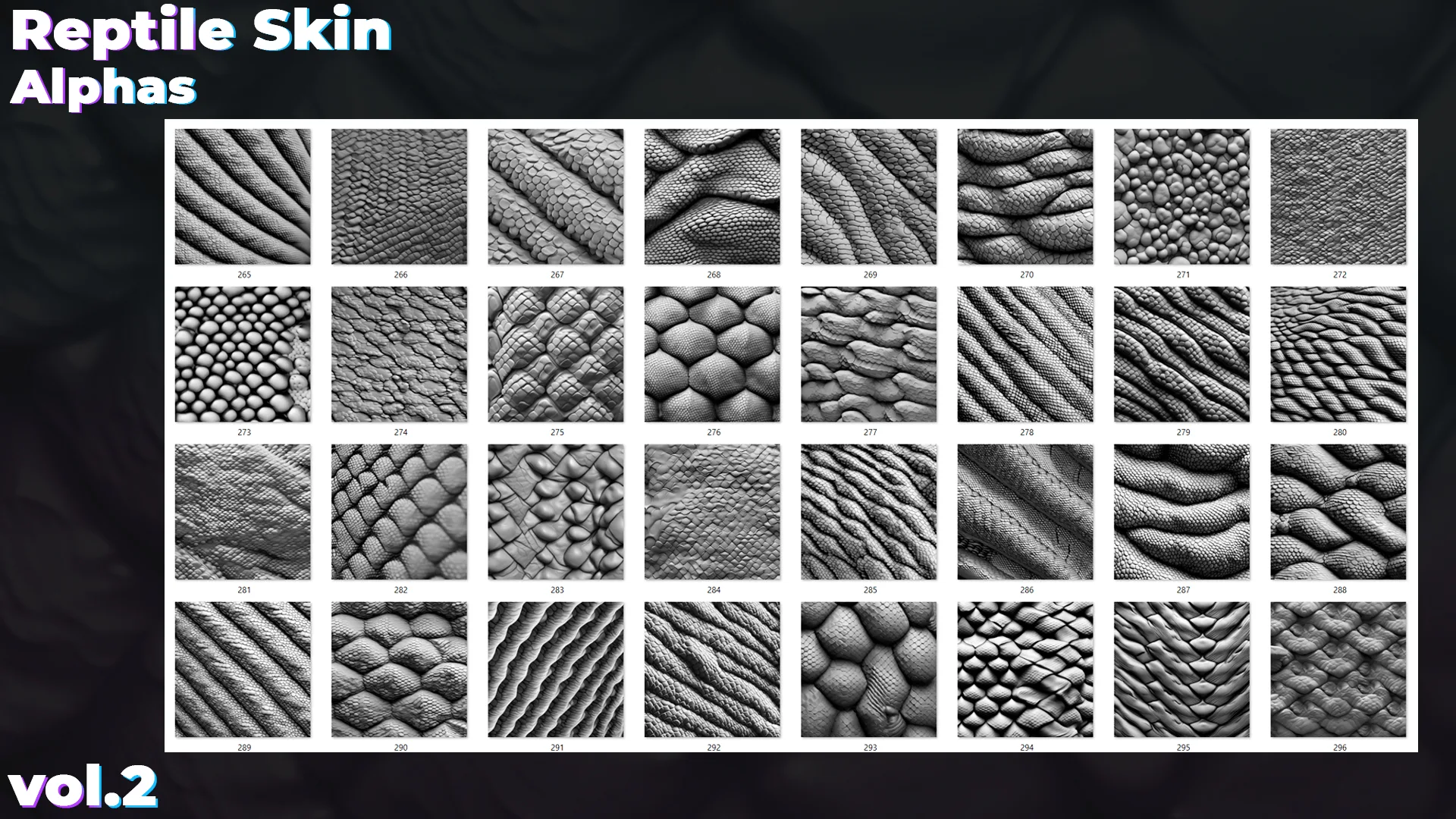 500+ Reptile, Dragon, Snake Skin Alphas for ZBrush (Displacement map) vol.2