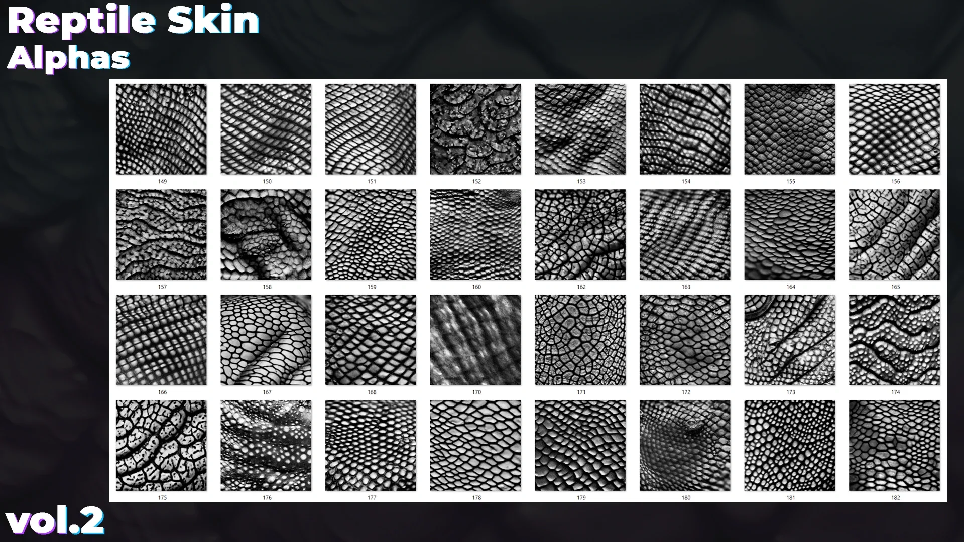 500+ Reptile, Dragon, Snake Skin Alphas for ZBrush (Displacement map) vol.2