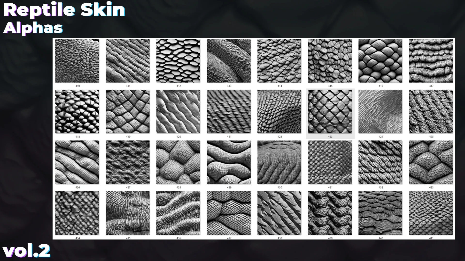 500+ Reptile, Dragon, Snake Skin Alphas for ZBrush (Displacement map) vol.2