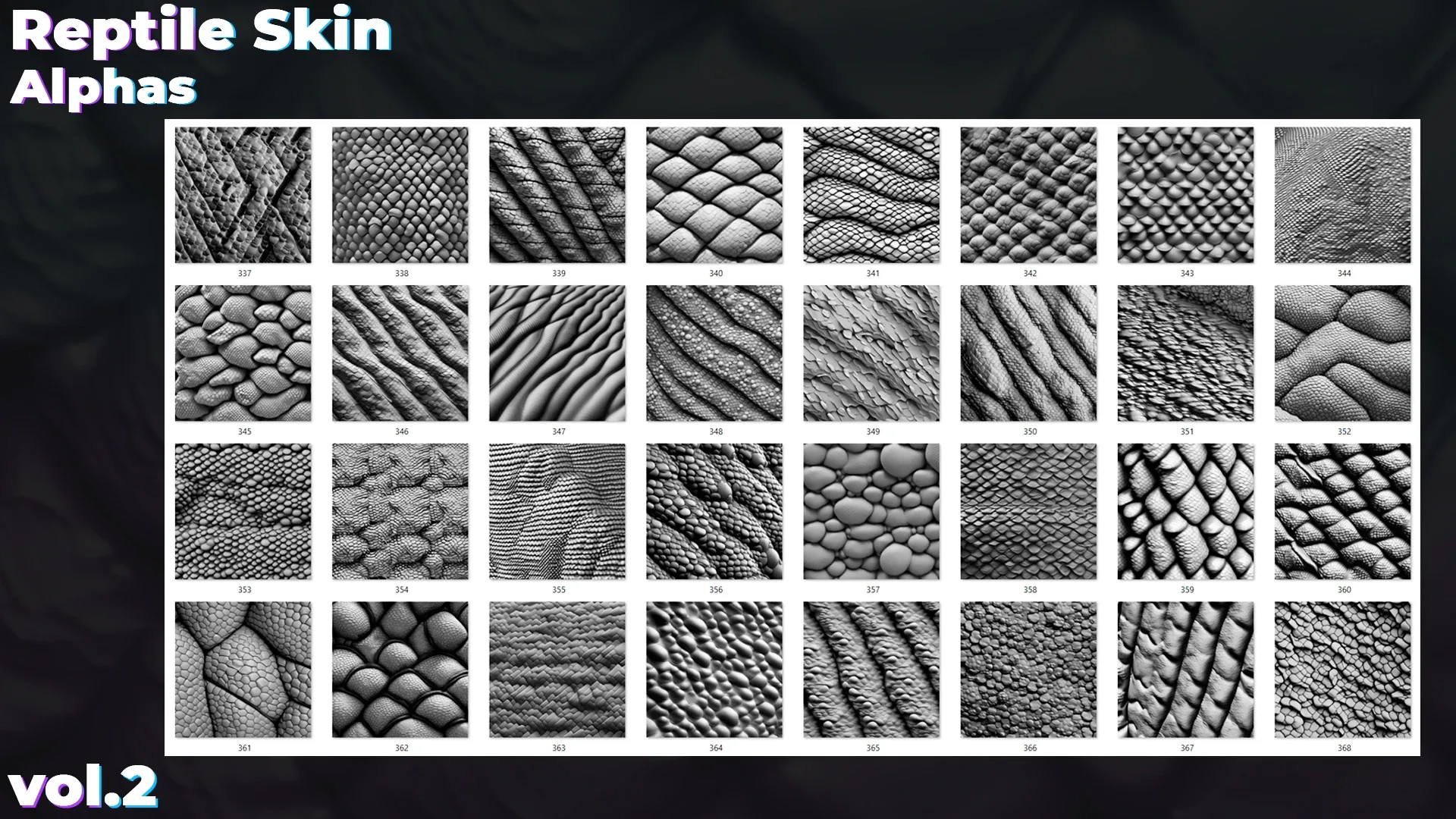 500+ Reptile, Dragon, Snake Skin Alphas for ZBrush (Displacement map) vol.2