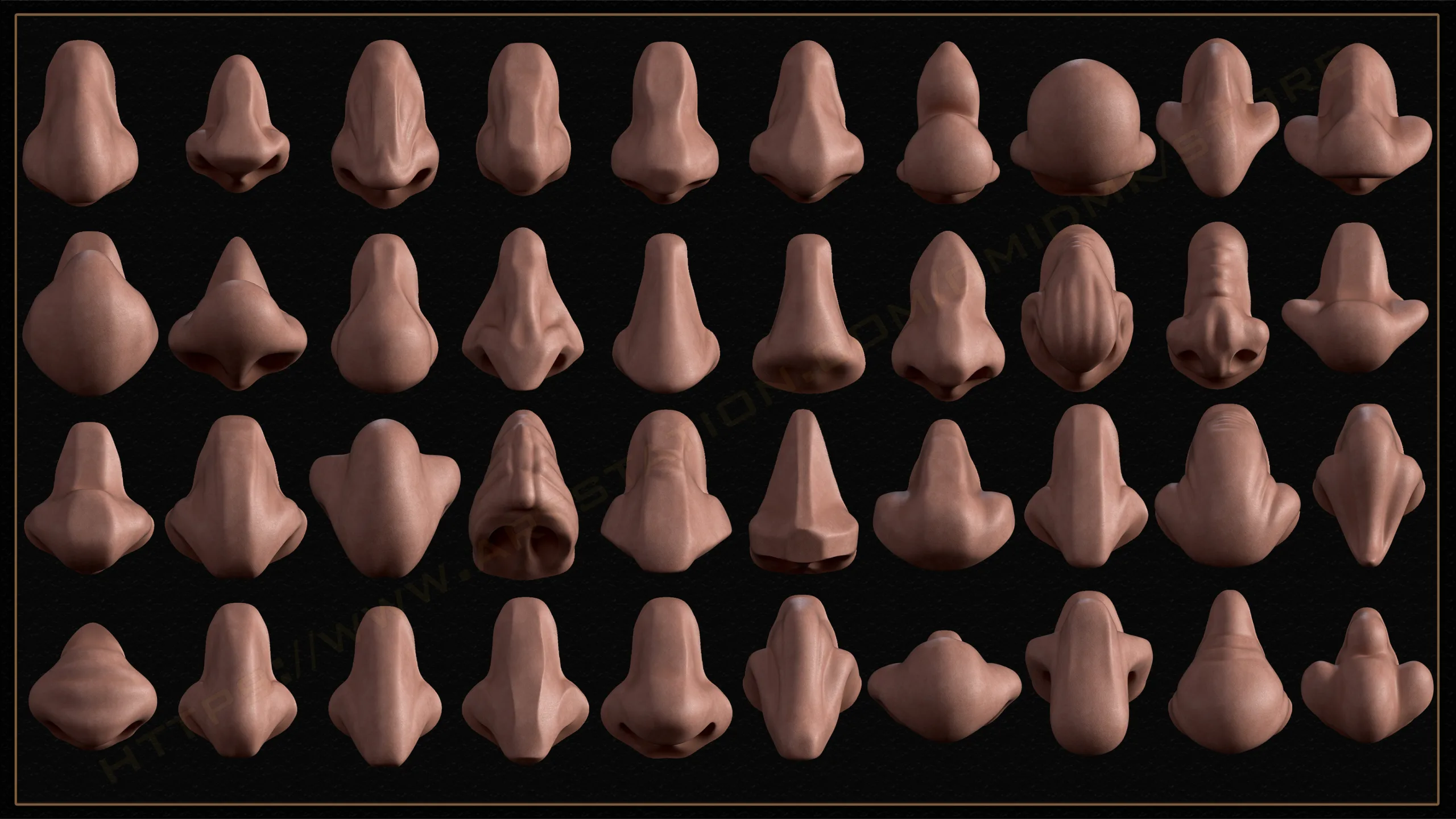 40 Stylized Nose VDM Brushes for Zbrush & Blender + Alpha + FBX + OBJ (Vol.02 )