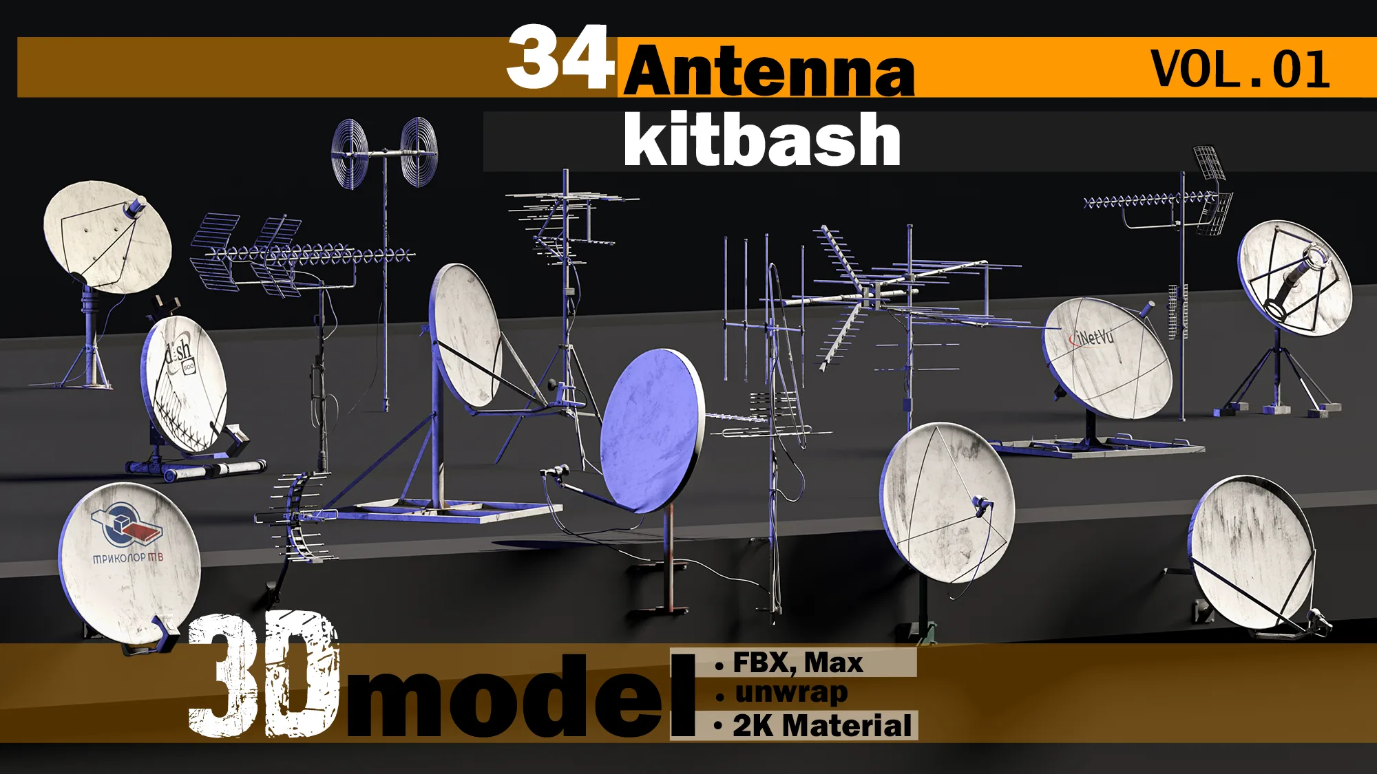 34 pieces-3d Model-kitbash antenna-VOL 01