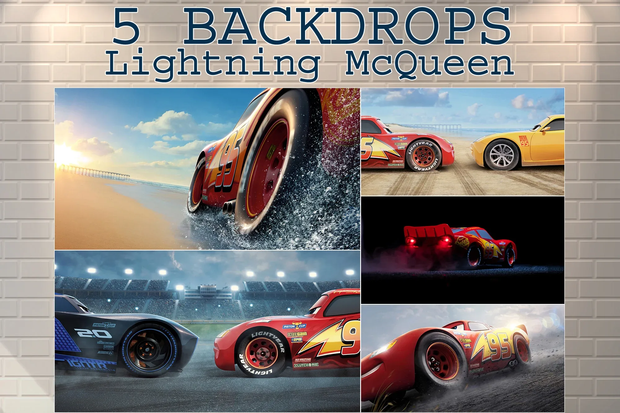 5 Digital Backdrops Lightning McQueen, cars 3 disney cartoon, Lightning McQueen, Cruz Ramirez, Jackson Storm, Race Cars Birthday Background