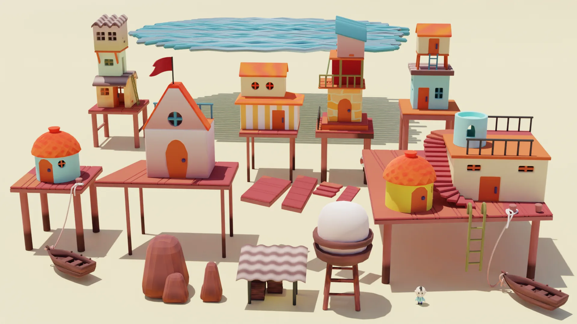 Low Poly Floating Village Assets