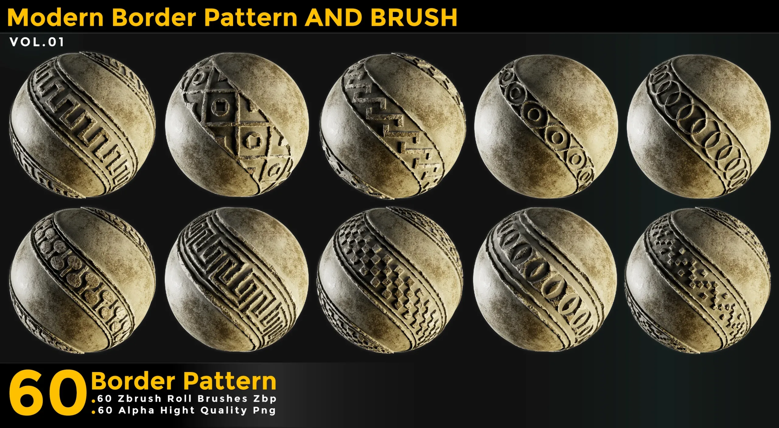 60 Modern Border Pattern til (Tileable) - ZBrush Roll Brush Zbp vol 01