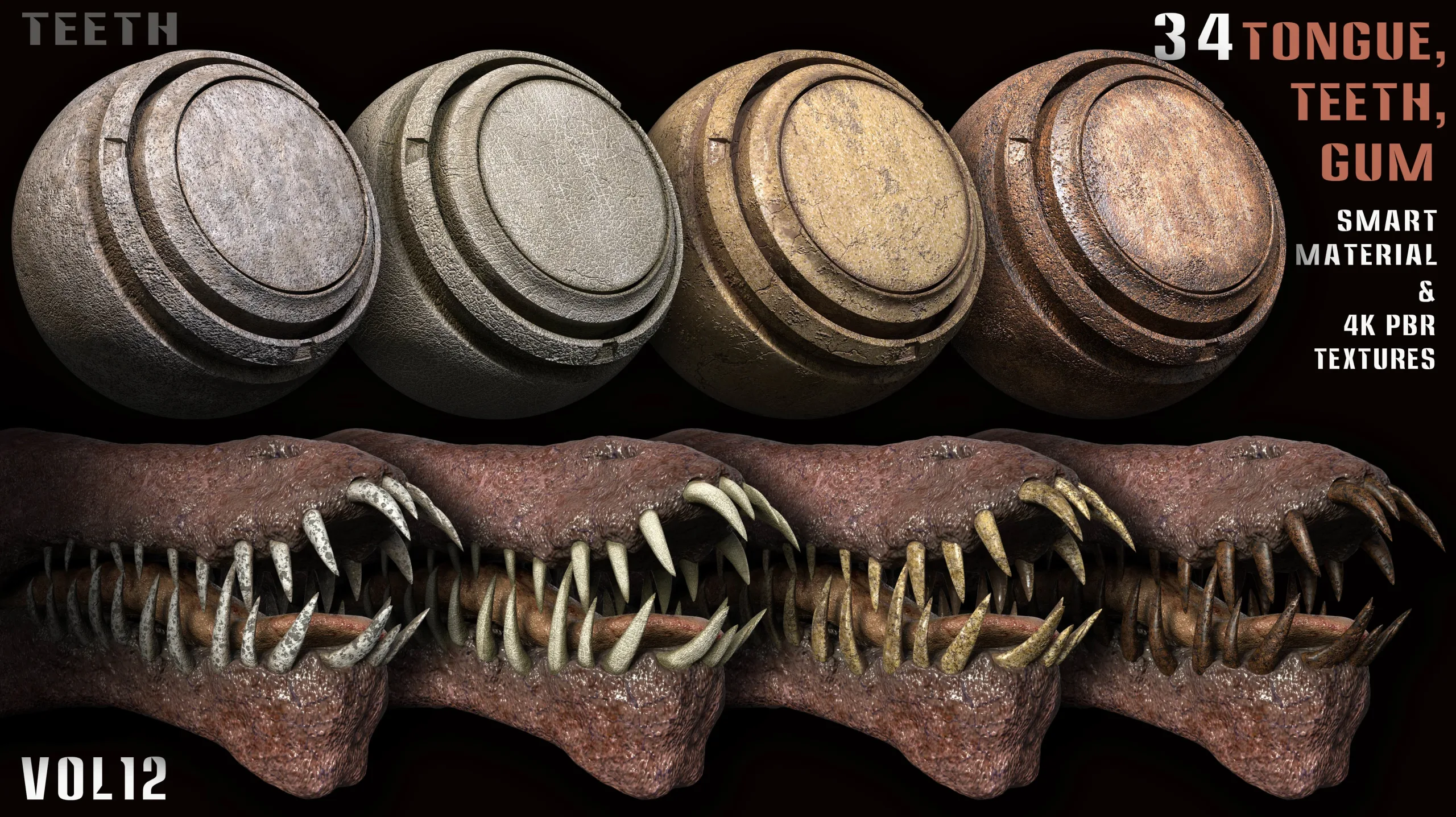 34 Tongue, Teeth, Gum Smart Material and 4k PBR Textures - vol12