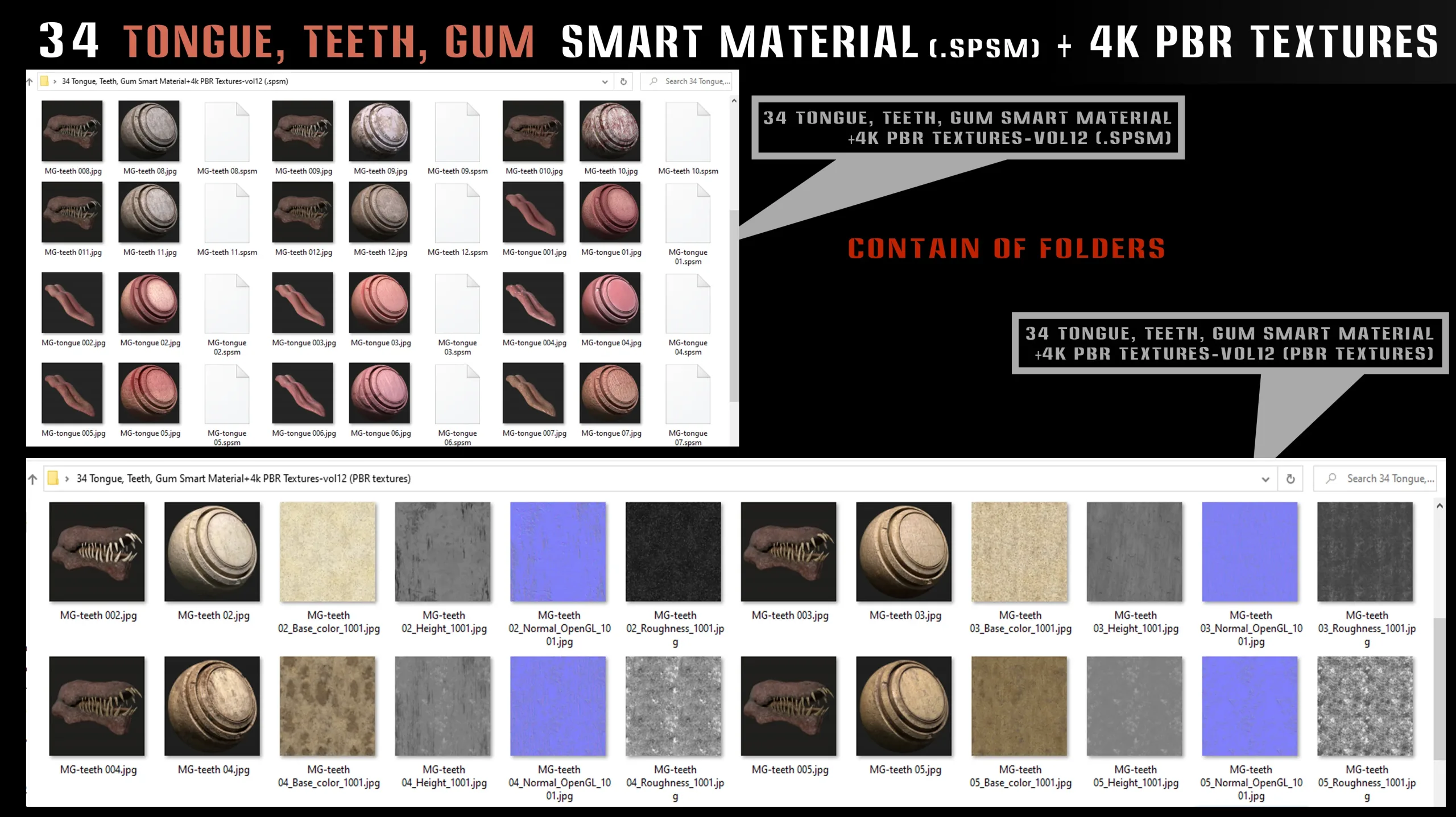 34 Tongue, Teeth, Gum Smart Material and 4k PBR Textures - vol12