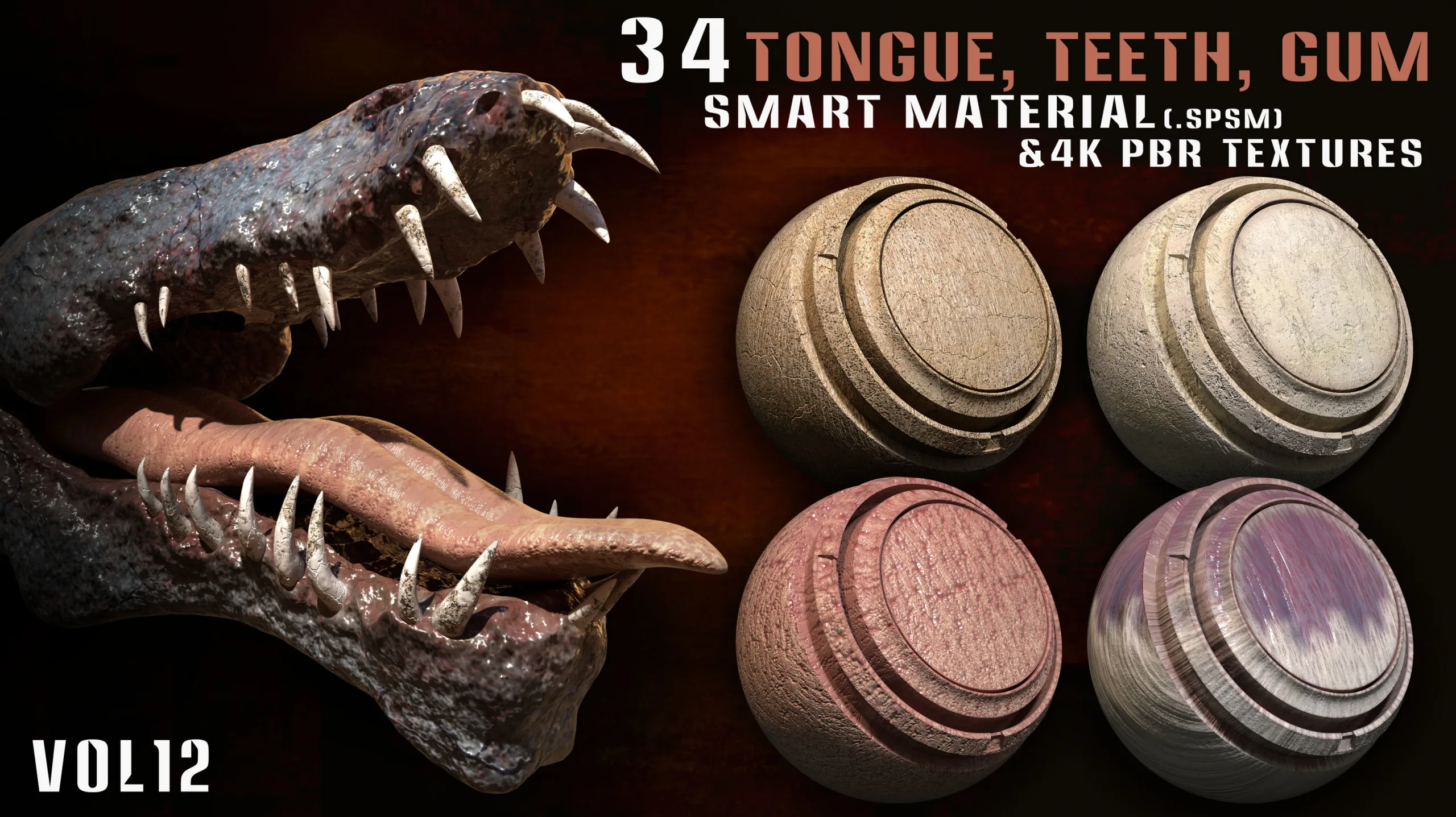 34 Tongue, Teeth, Gum Smart Material and 4k PBR Textures - vol12