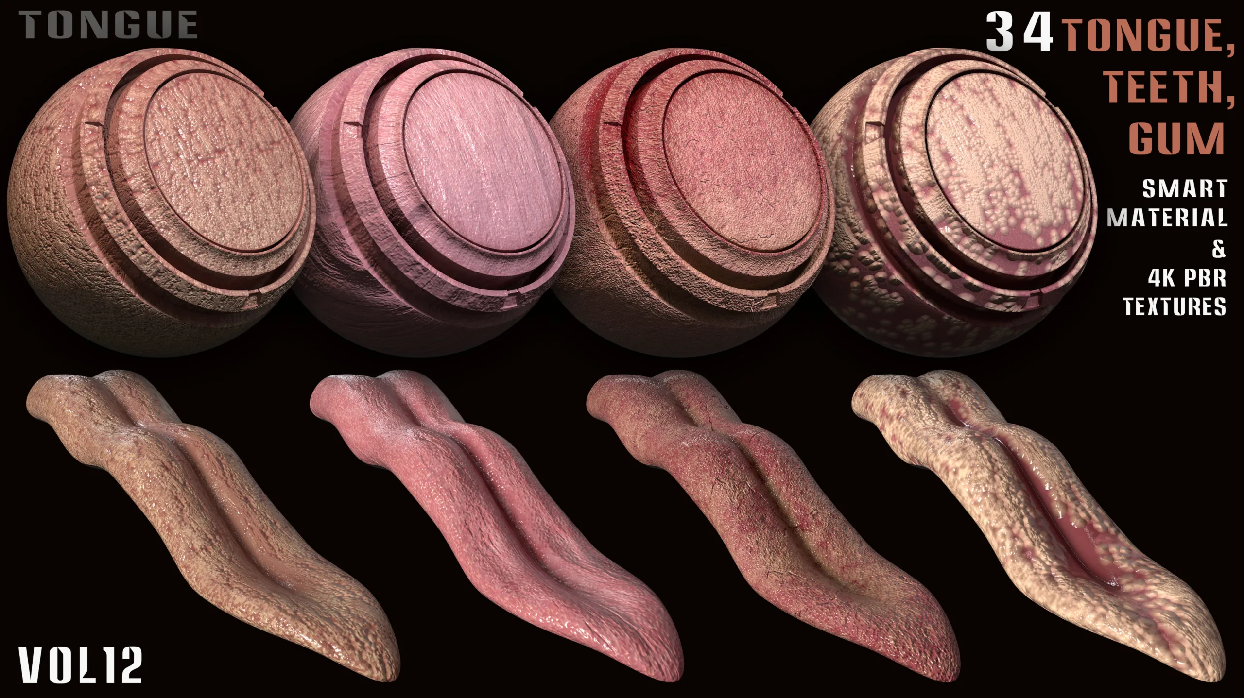 34 Tongue, Teeth, Gum Smart Material and 4k PBR Textures - vol12