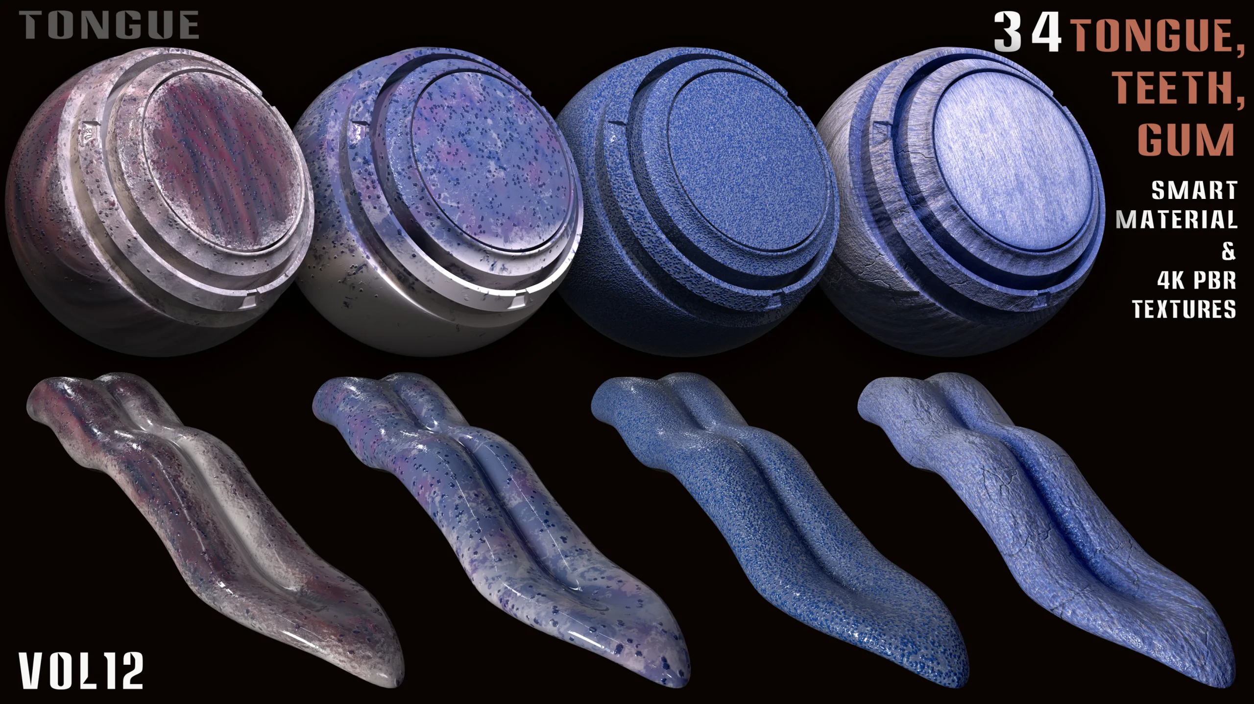 34 Tongue, Teeth, Gum Smart Material and 4k PBR Textures - vol12