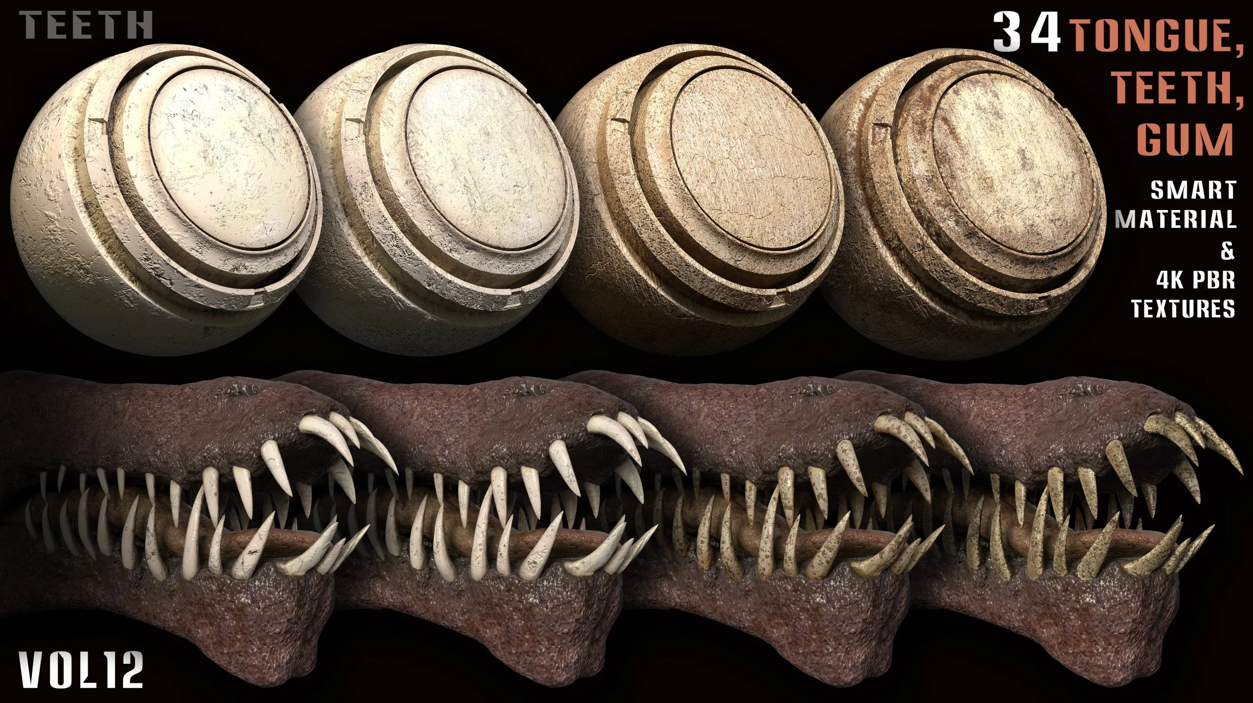 34 Tongue, Teeth, Gum Smart Material and 4k PBR Textures - vol12