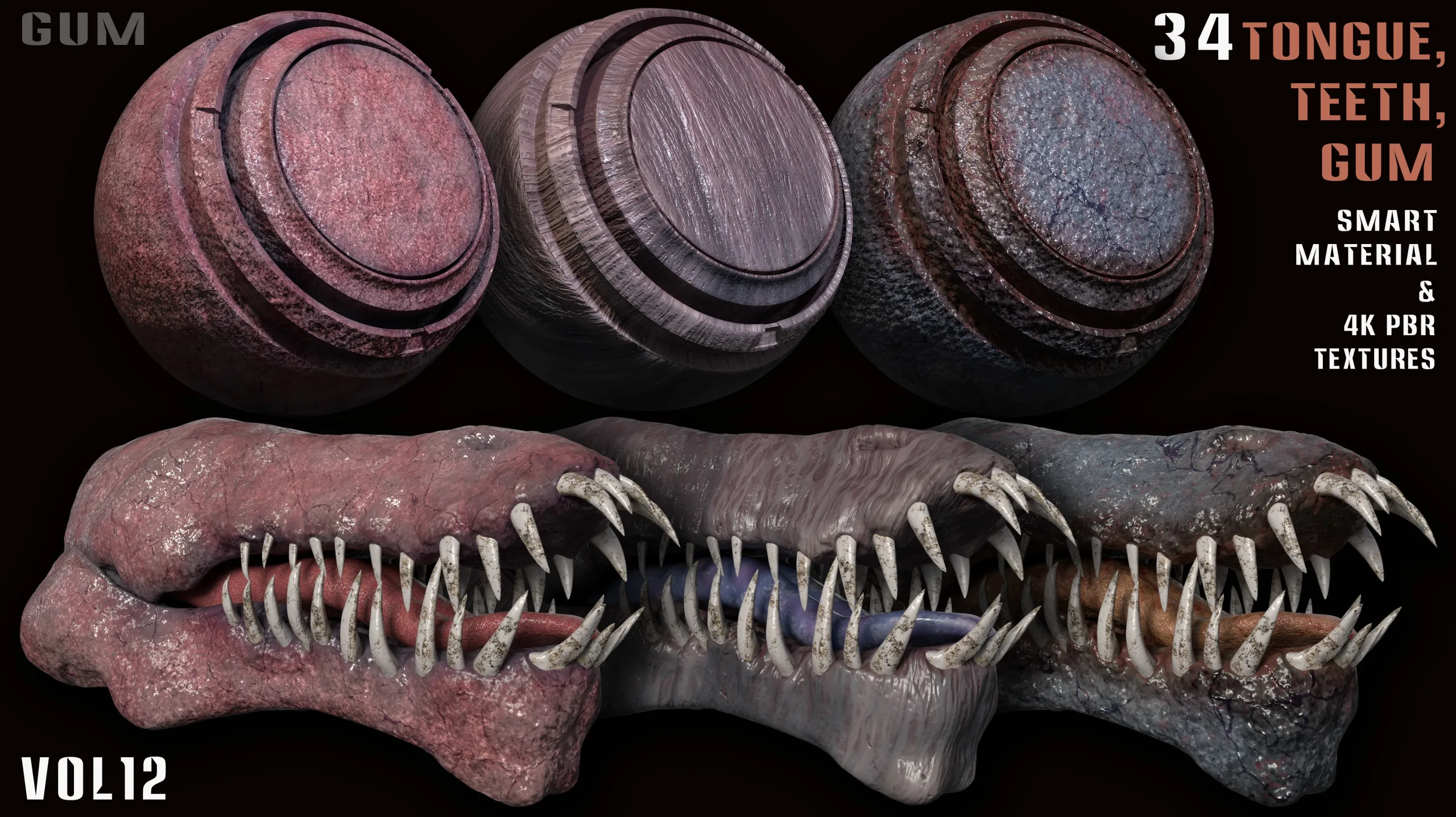 34 Tongue, Teeth, Gum Smart Material and 4k PBR Textures - vol12