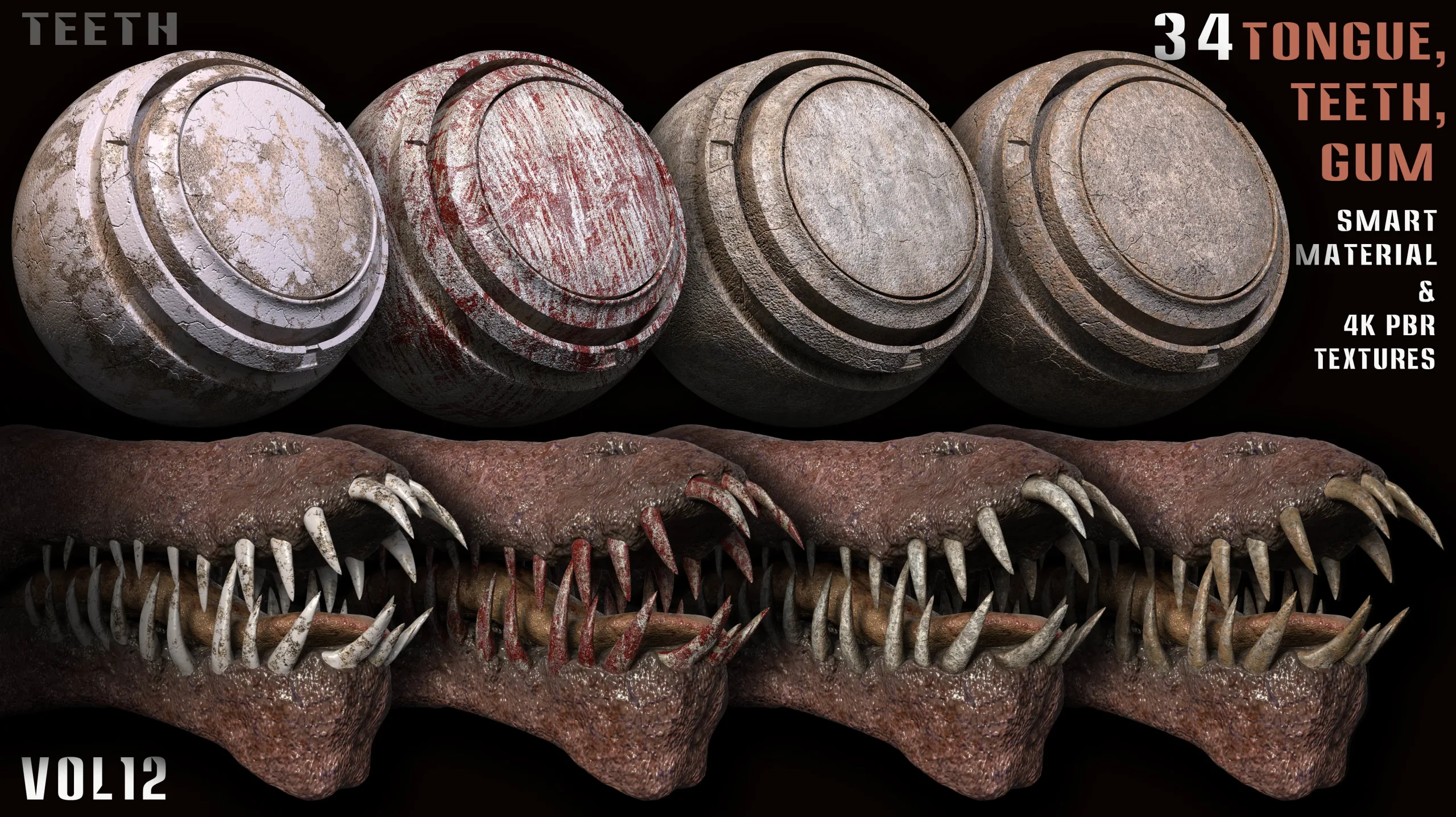 34 Tongue, Teeth, Gum Smart Material and 4k PBR Textures - vol12