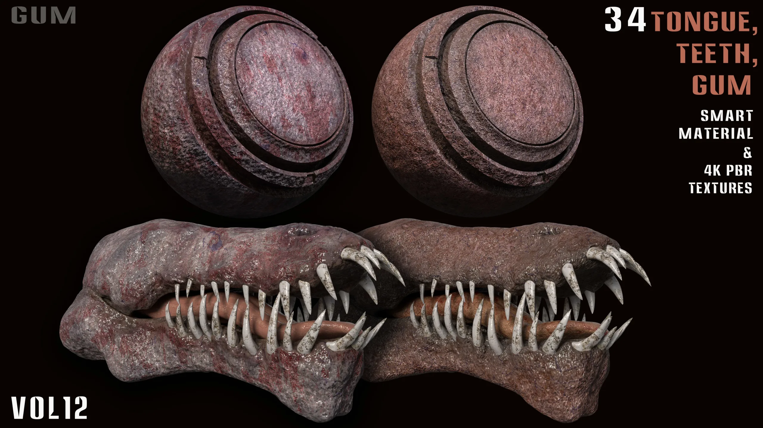 34 Tongue, Teeth, Gum Smart Material and 4k PBR Textures - vol12