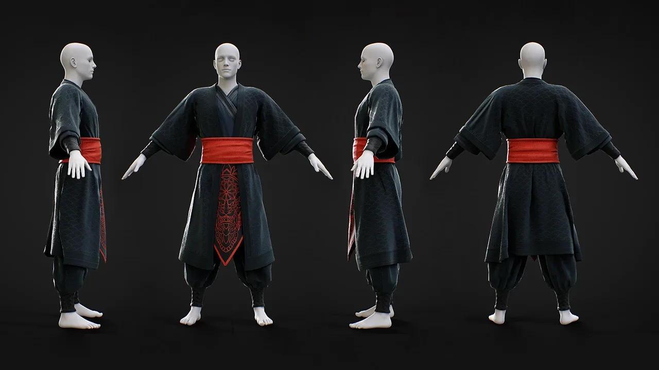 Asian Outfit_Samurai 2in1/ Marvelous Designer , Clo3D Project + OBJ , FBX (Low Poly)