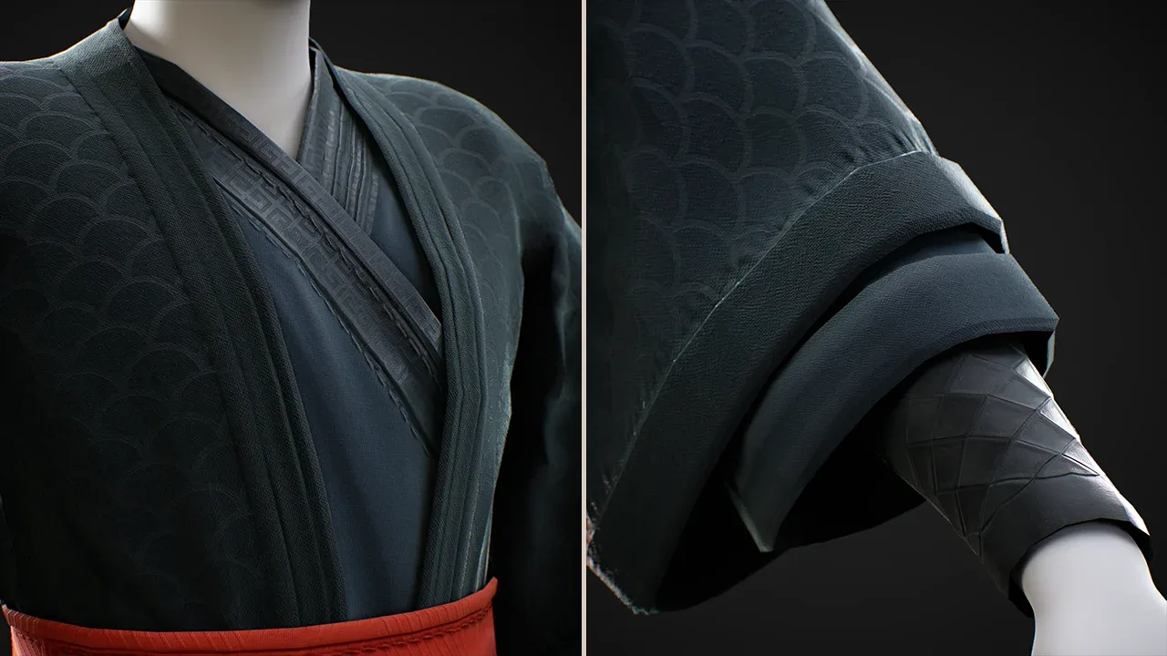 Asian Outfit_Samurai 2in1/ Marvelous Designer , Clo3D Project + OBJ , FBX (Low Poly)