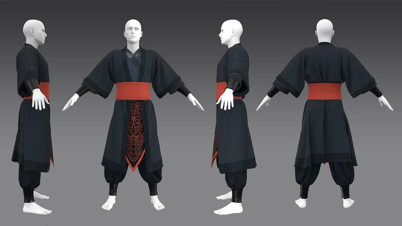 Asian Outfit_Samurai 2in1/ Marvelous Designer , Clo3D Project + OBJ , FBX (Low Poly)