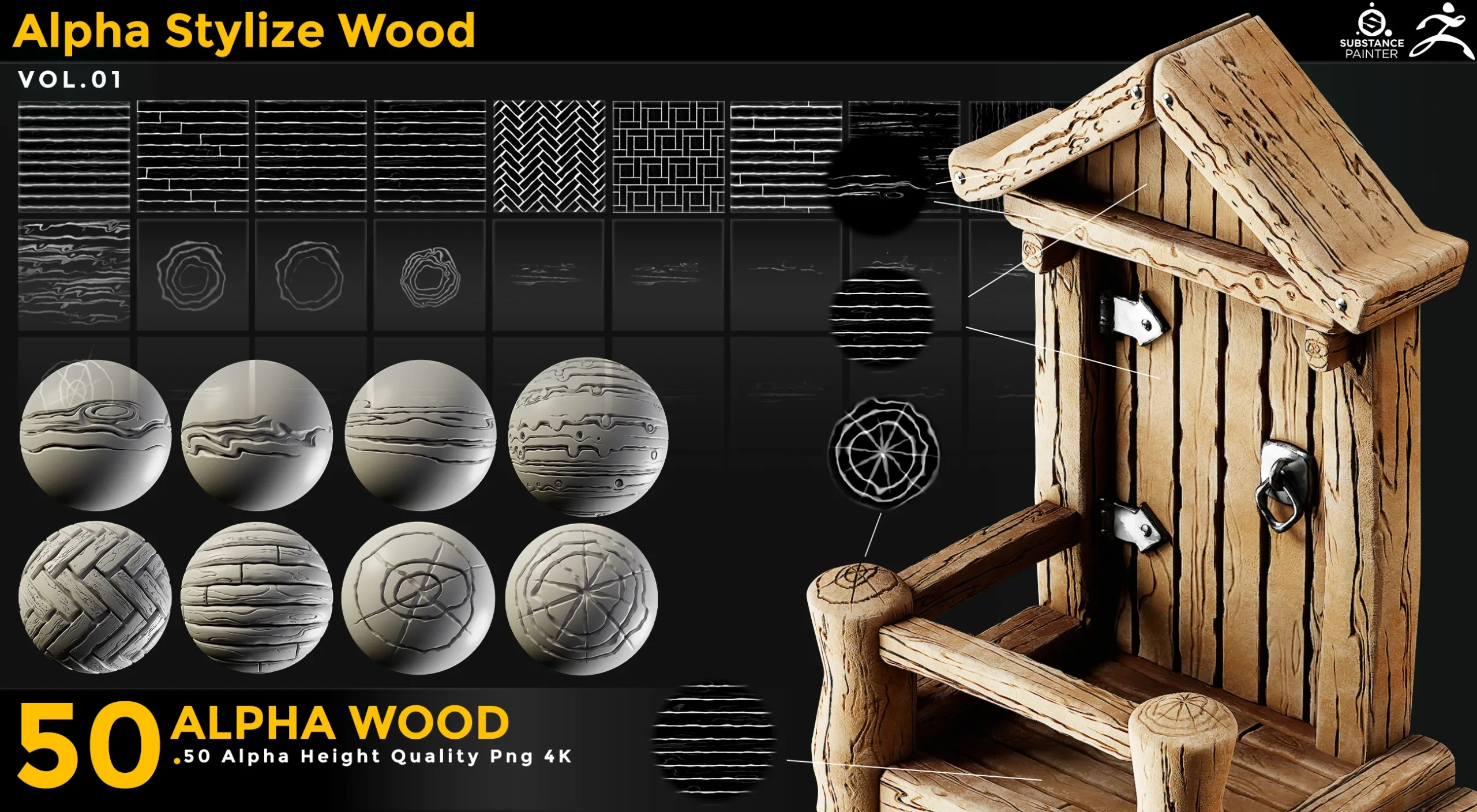 50 Stylized Wood Alpha Vol 01