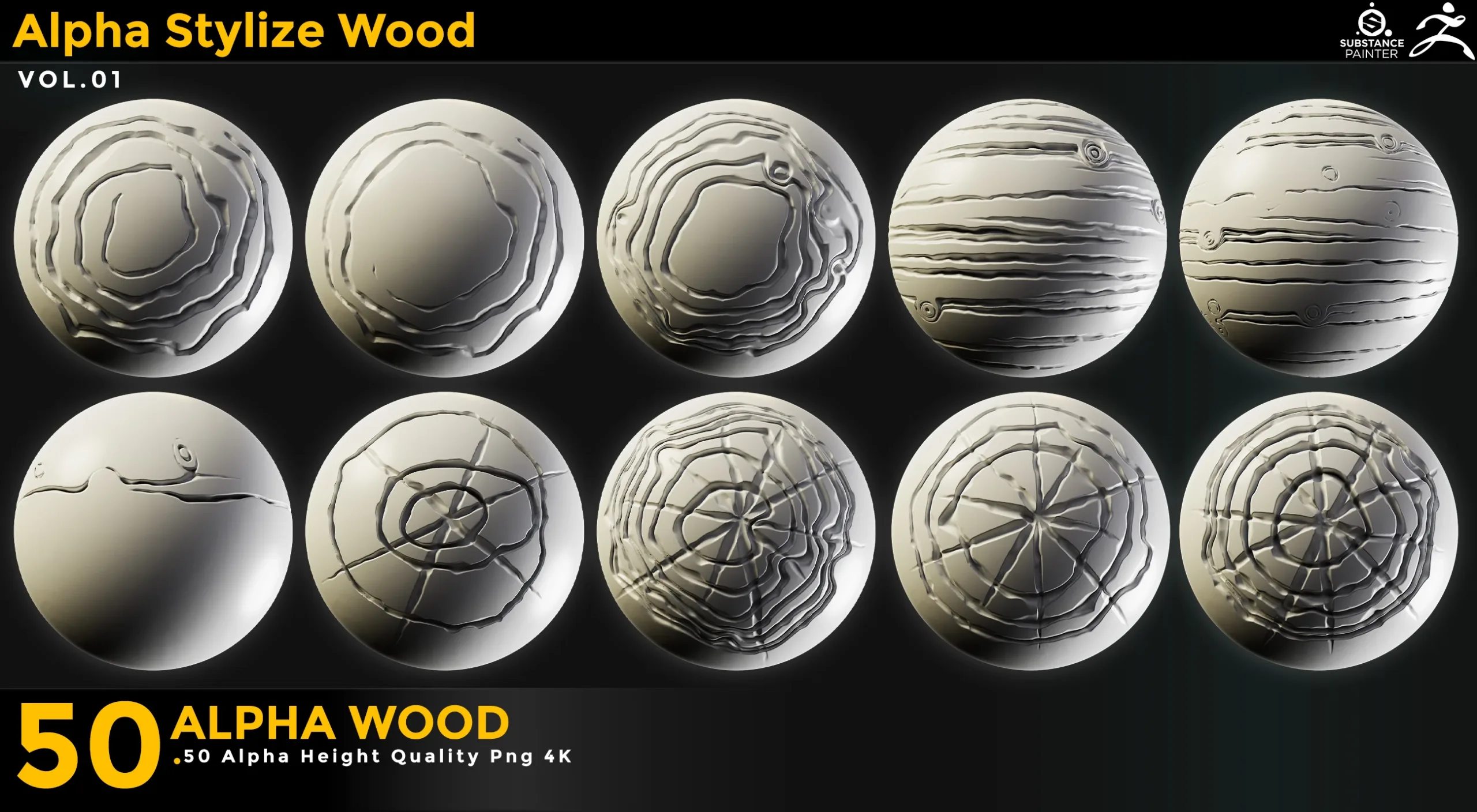 50 Stylized Wood Alpha Vol 01