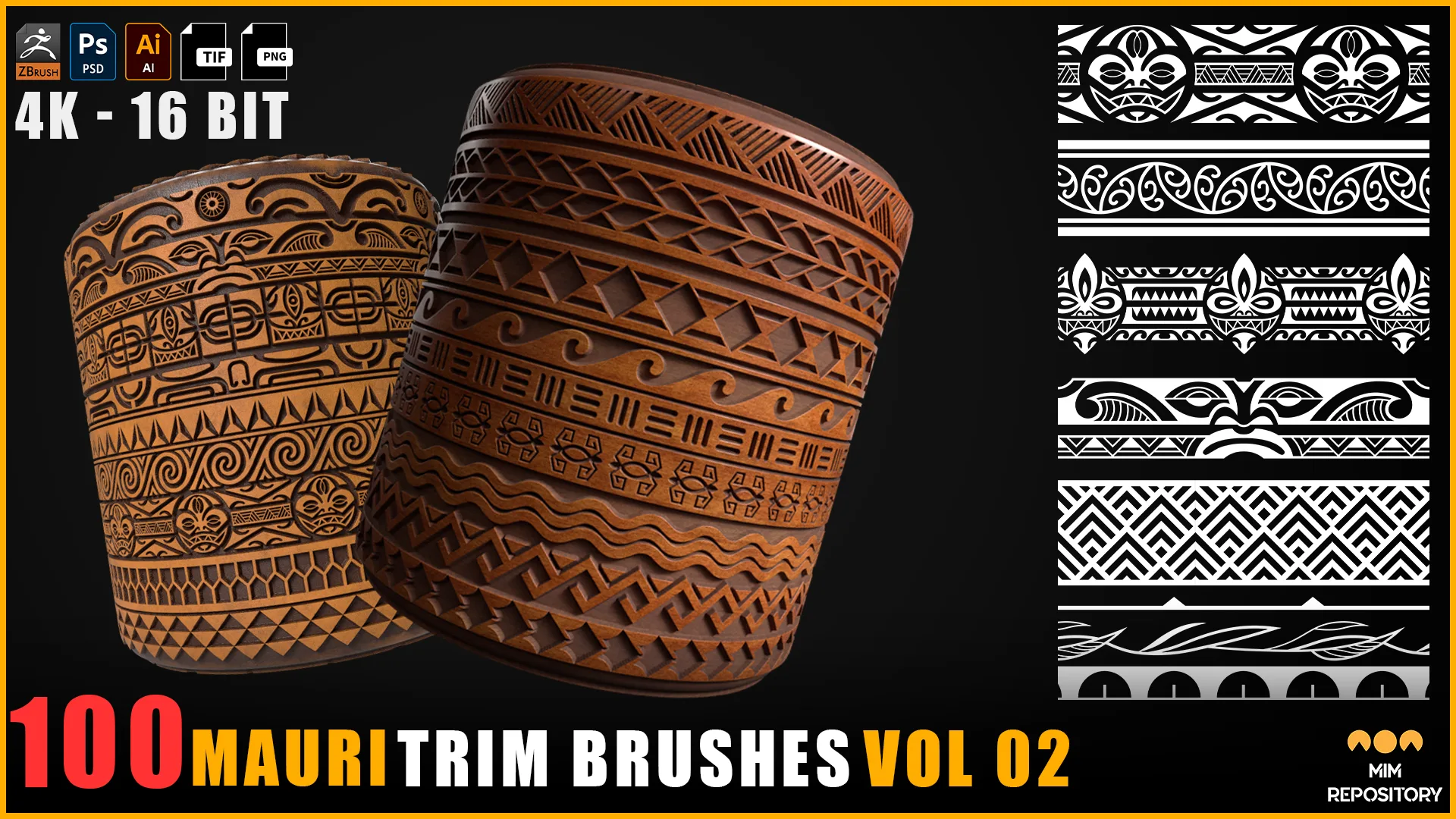 100 Mauri Trim Brushes (Border Pattern - Roll Brush) - VOL 02